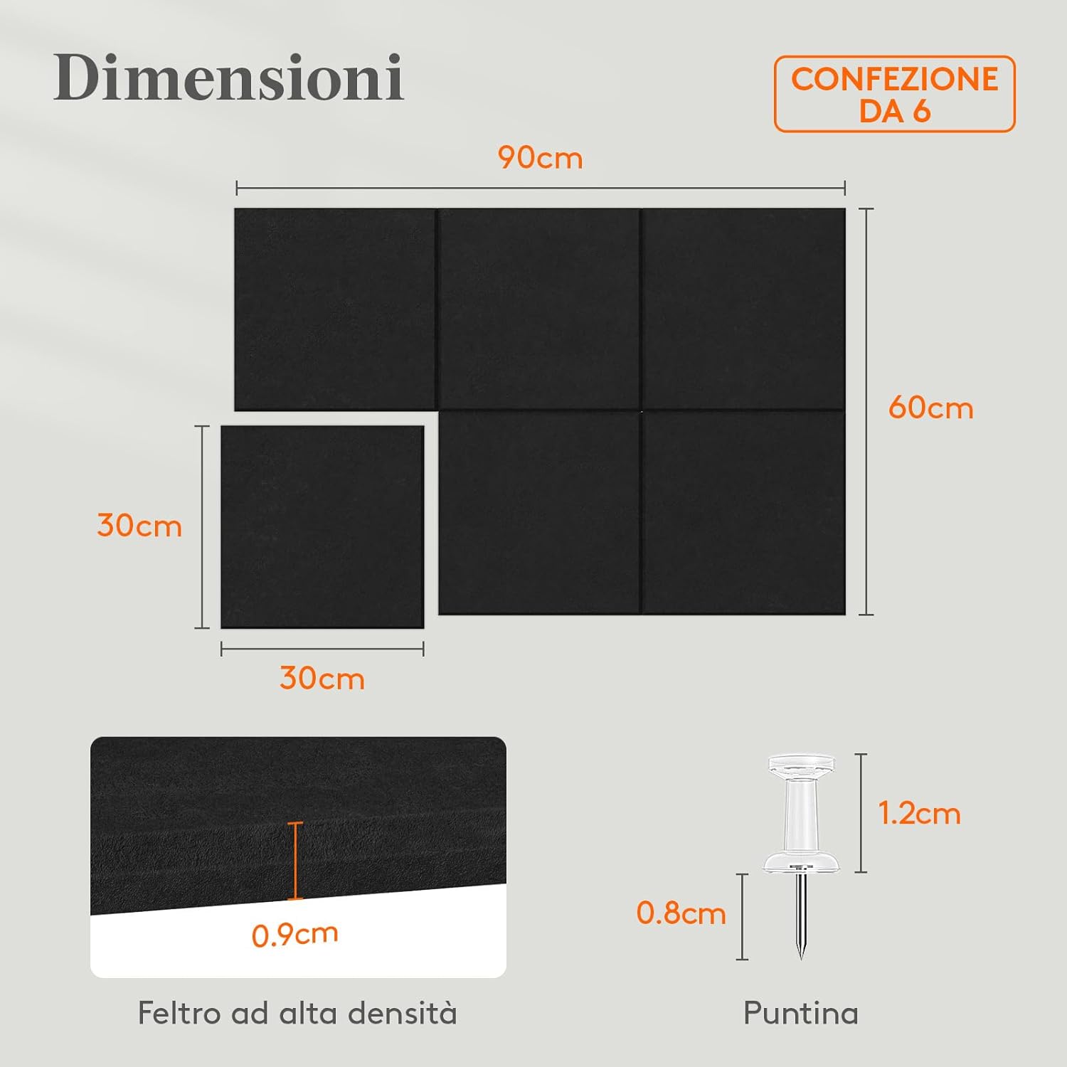 Detalle 2 de Lifewit Bacheca in feltro adesiva, set da 6 pannelli 30x30 cm con puntine incluse (Nero intenso)