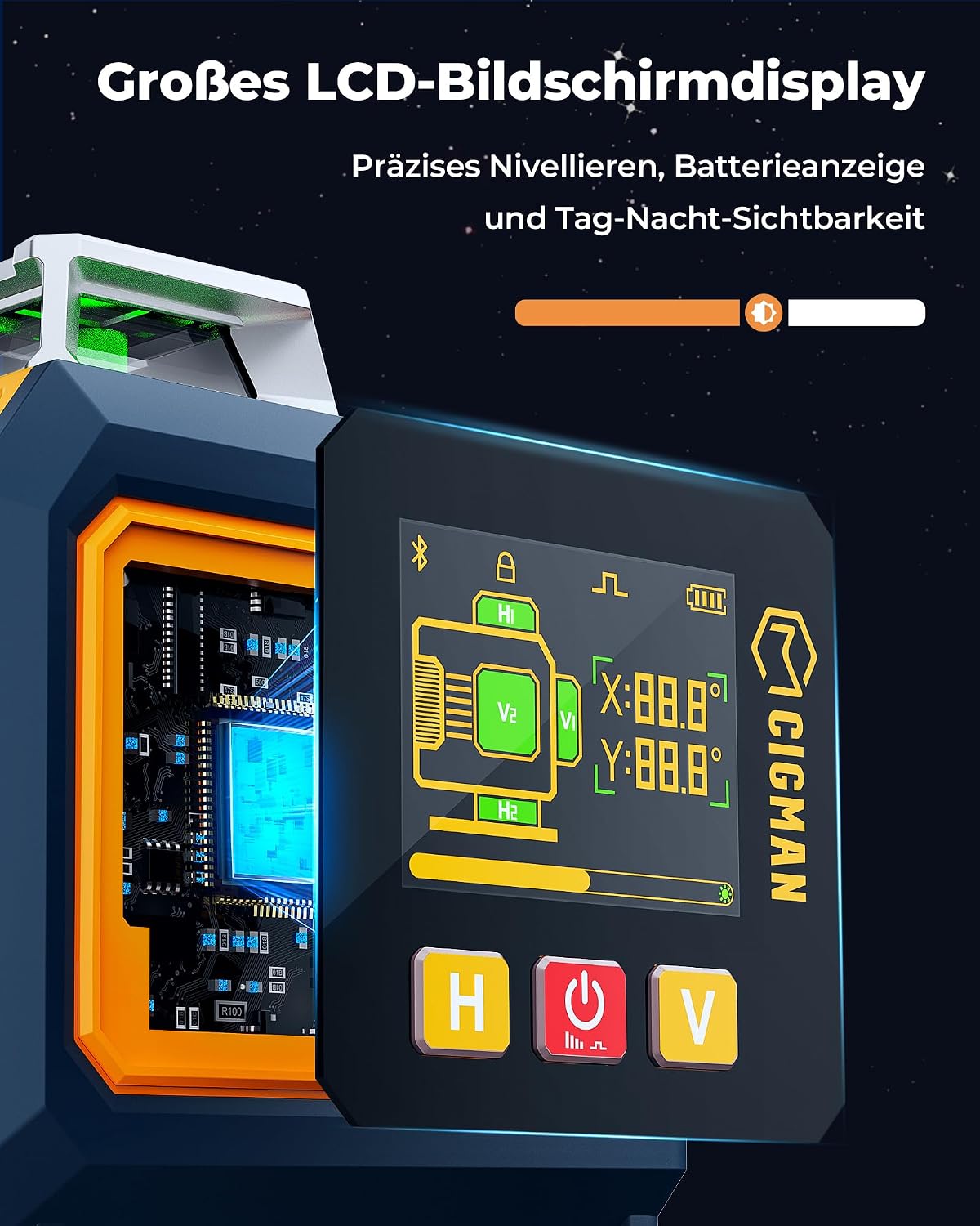 Detalle de CIGMAN Kreuzlinienlaser CM-S04 (grün) mit App-Steuerung – selbstnivellierend, 4×360° und LCD-Display