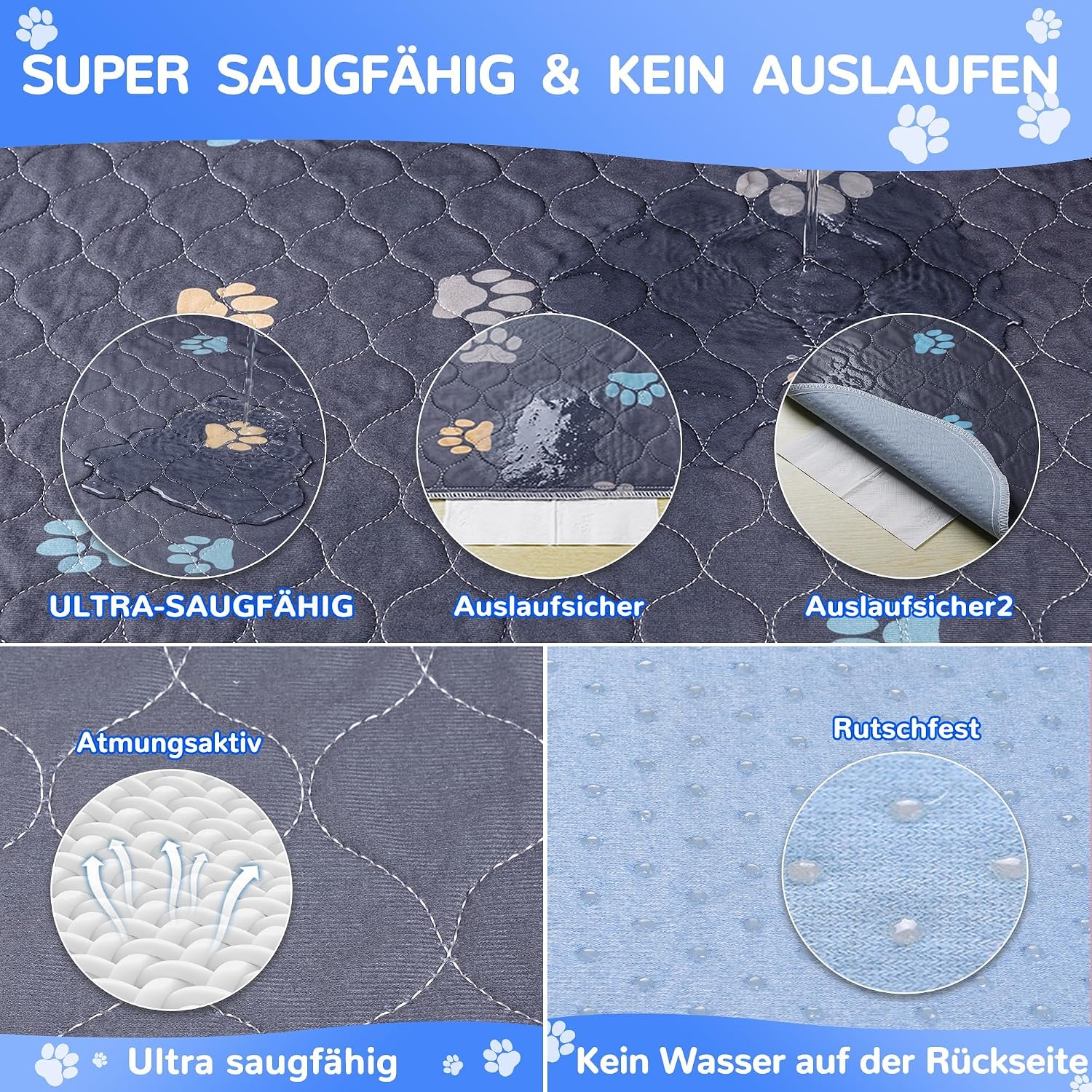 Detalle de Aitmexcn Waschbare Welpenunterlagen 90×120 cm (2er-Set) – Inkontinenzunterlage für Training, Zuhause, Auto und Reisen