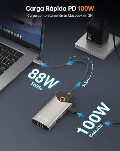 Detalle de NOVOO USB C Hub 7-en-1: estación de acoplamiento con HDMI 4K@60Hz, Ethernet y carga PD para MacBook, iPad y más