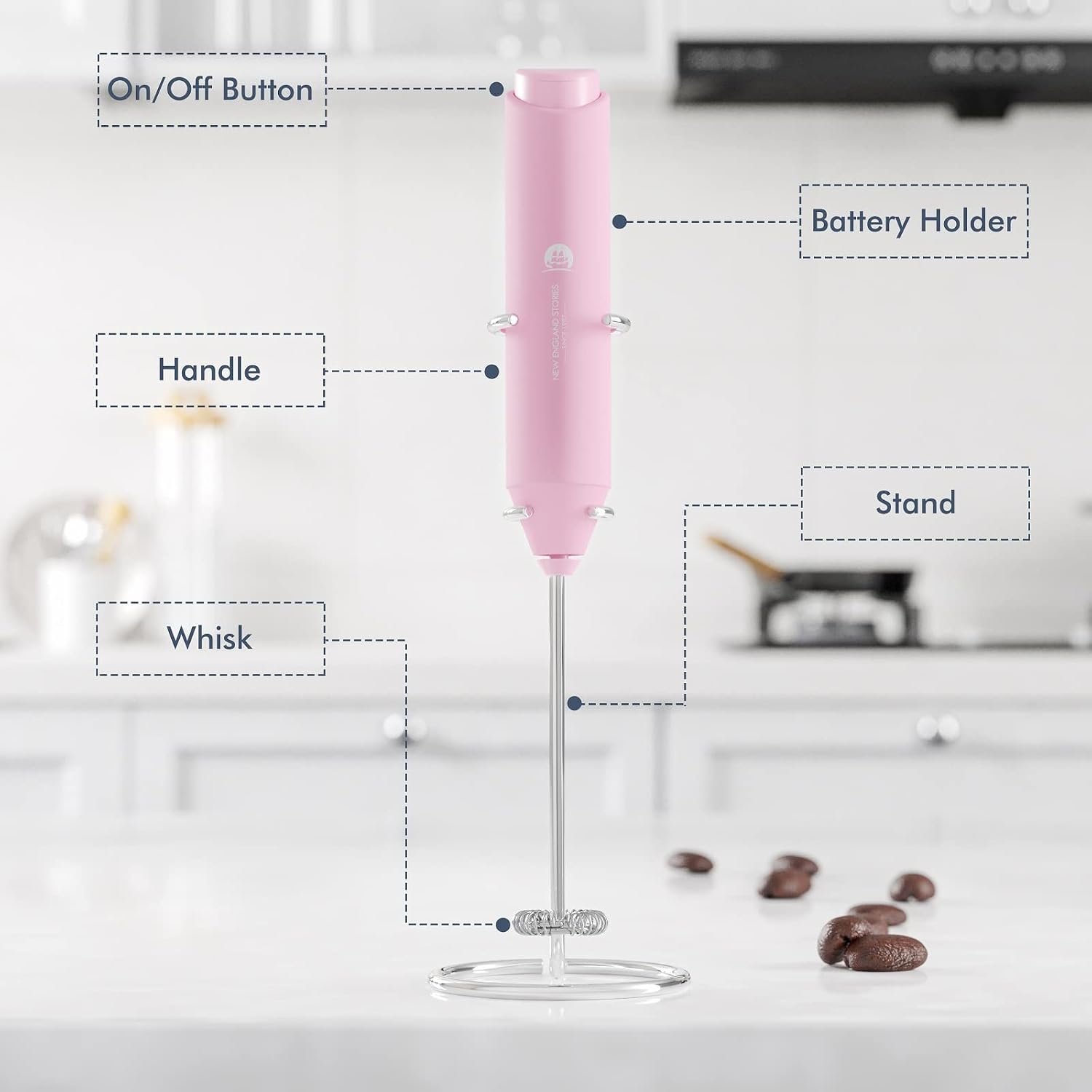 Detalle de New England Stories G1-PINK-STAND Handheld Milk Frother with Stand
