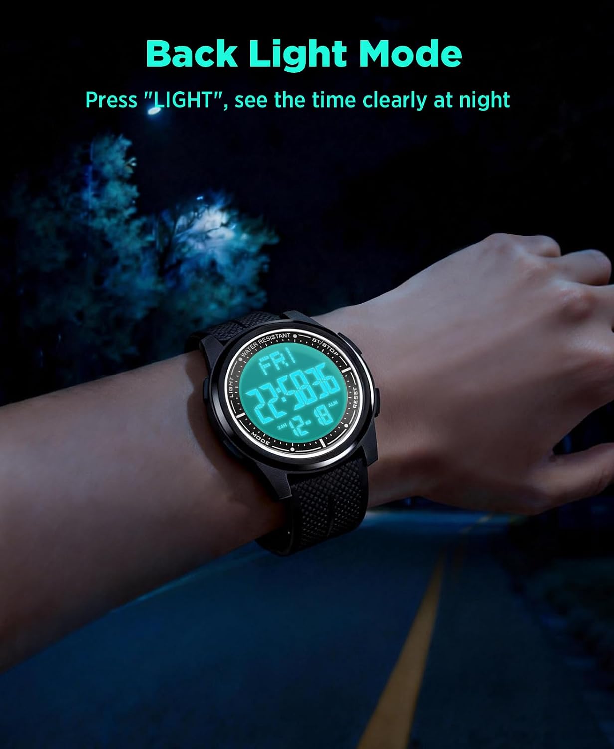 Detalle 2 de WIFORT Mens Waterproof Digital Sports Watch (5ATM) with Countdown, Dual Time, Stopwatch & Backlight