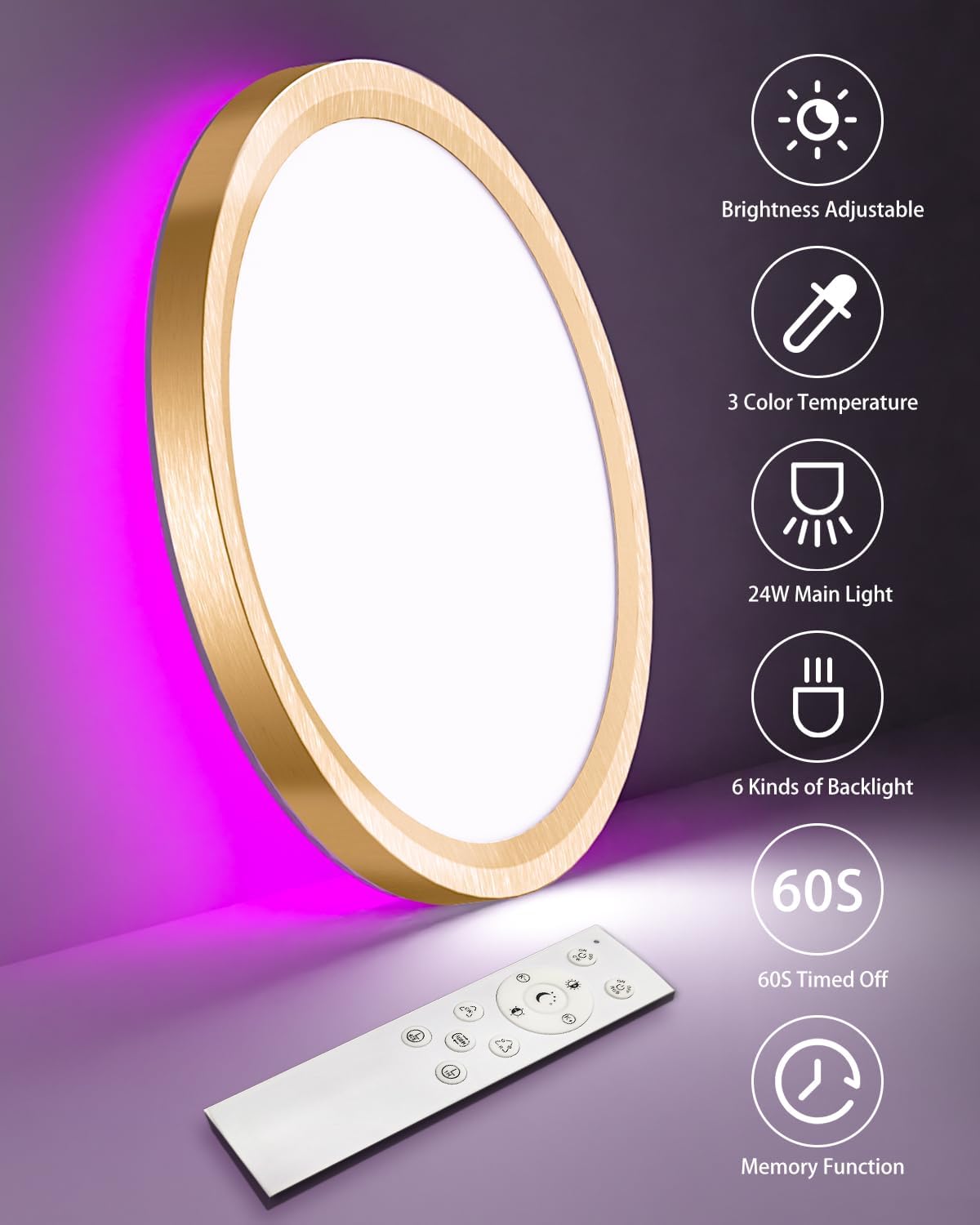 Thumbnail 3 de zemty LED Deckenleuchte dimmbar mit RGB-Farbwechsel und Fernbedienung (IP54, 24W, 3200 lm, 30 cm) für Bad & mehr