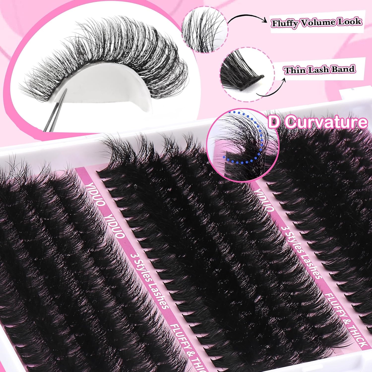 Detalle 2 de YIDUO Volume Lash Clusters Kit, 255 Clusters in 3 Styles with Bond and Seal