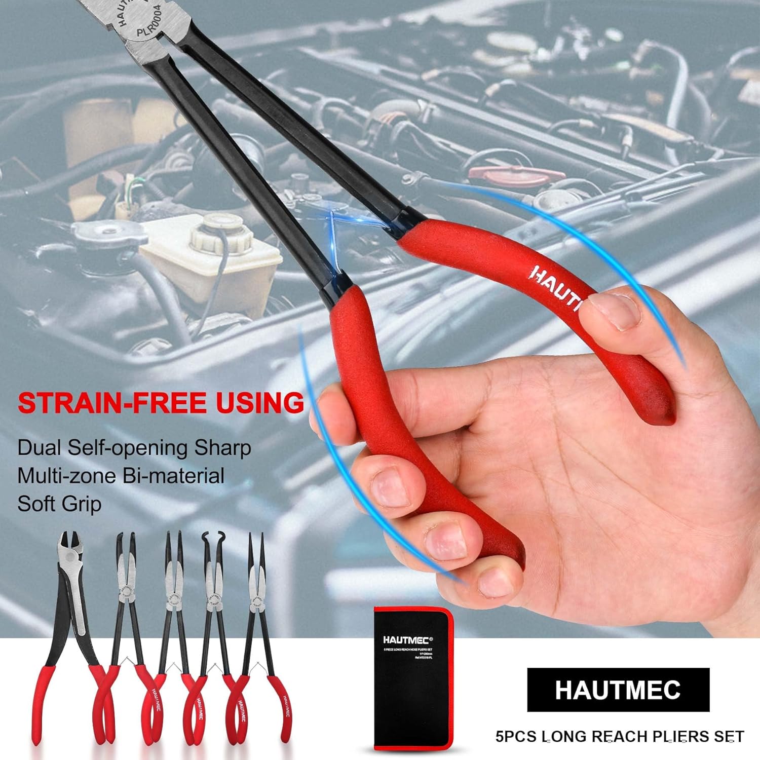 Detalle 2 de HAUTMEC 28 cm Spitzzange Lang & Spitzzange Gebogenes Set (5-tlg.) – Schwerlast-Verlängerungszangen mit Schlauchzange & Seitenschneider – Gerade, 45° & 90°