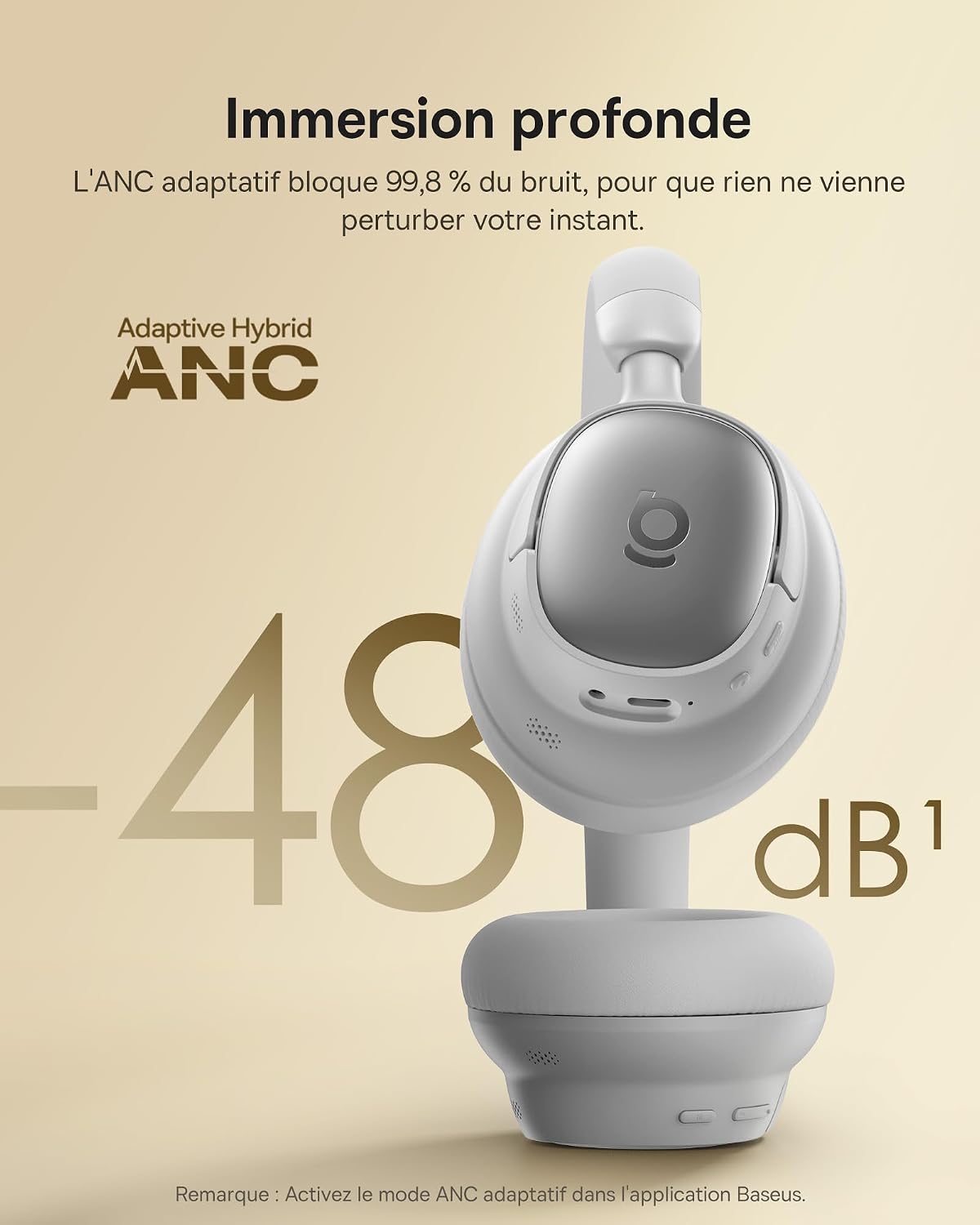 Detalle de Baseus MH1 Casque Bluetooth – réduction de bruit adaptative, LDAC, 80 h d’autonomie et confort CloudComfort