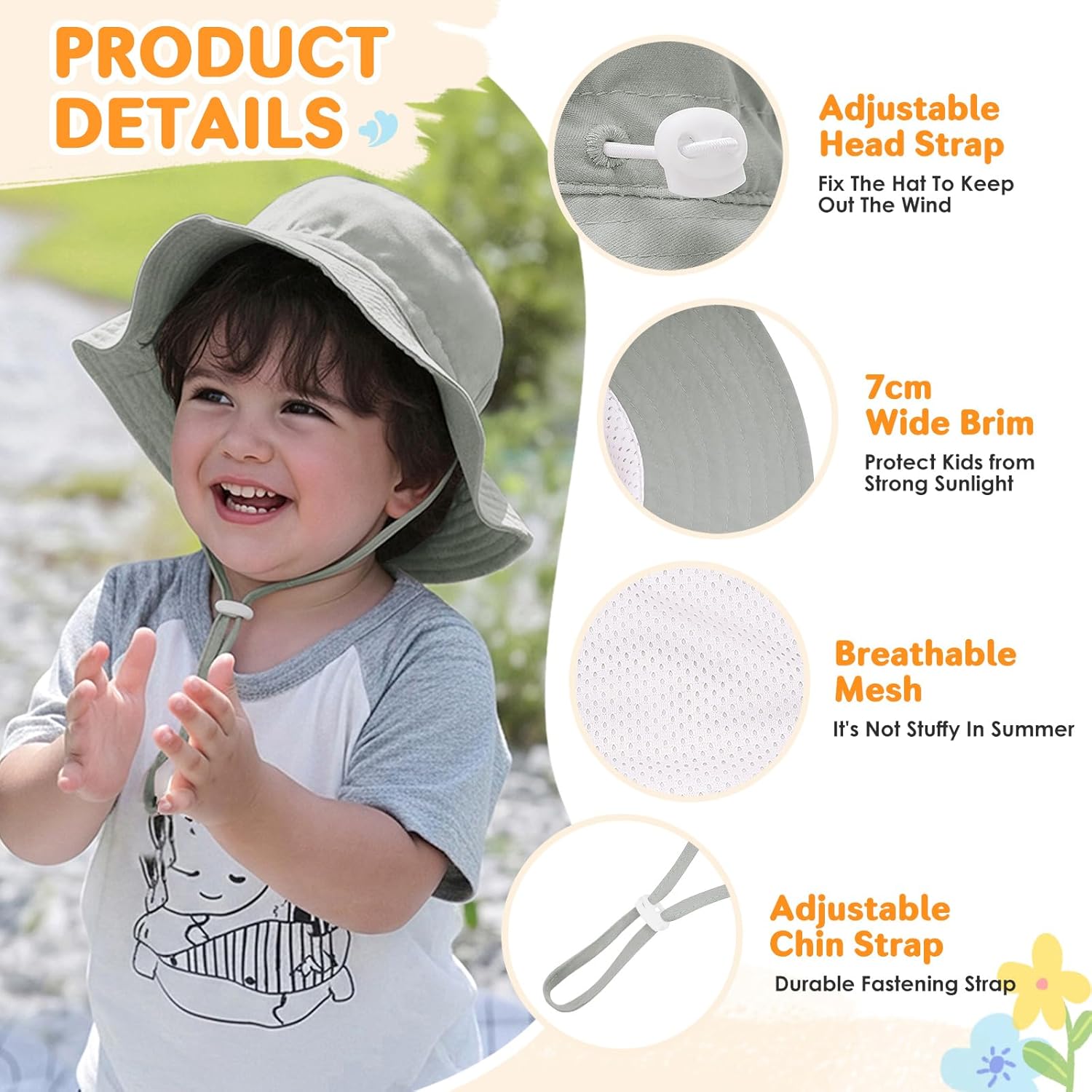 Detalle de Xnova UPF 50+ Baby Sun Hat for Girls and Boys – Adjustable Wide Brim Bucket Hat (48–54 cm)