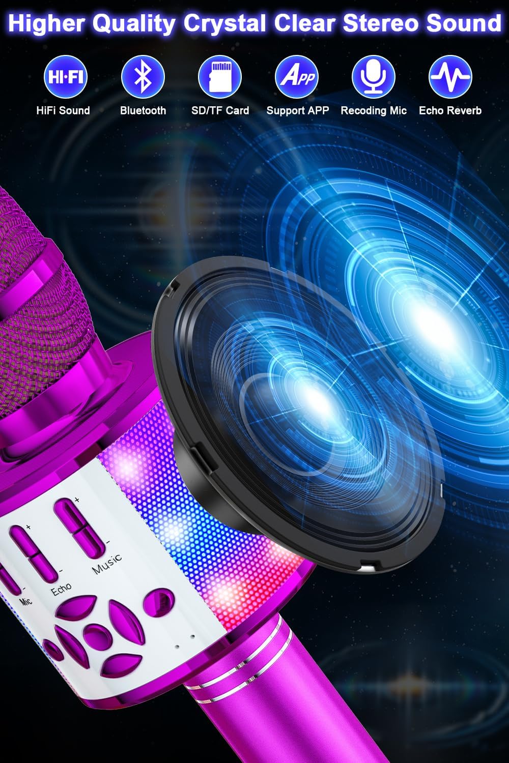 Thumbnail 4 de BONAOK Microfono Bluetooth Karaoke portatile per adulti con cambio voce e altoparlante (Viola)