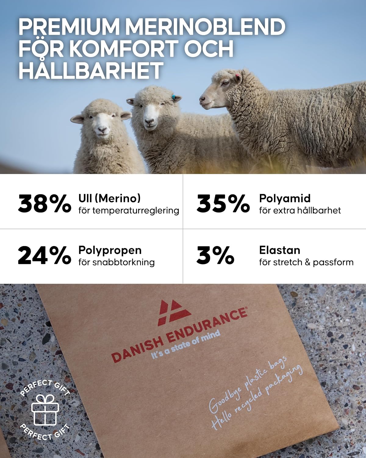 Detalle de DANISH ENDURANCE vandringsstrumpor i merinoull, 2-pack med mjuk dämpning