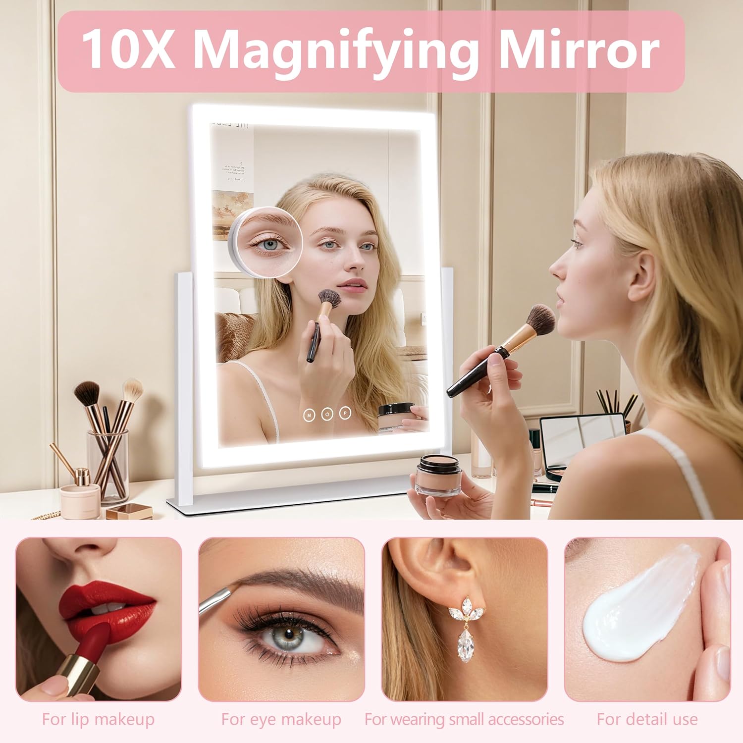 Detalle de Lighted Vanity Mirror with Lights: 16.7 x 13.2 inches, 180 LEDs, 3 Color Modes, 360° Rotation