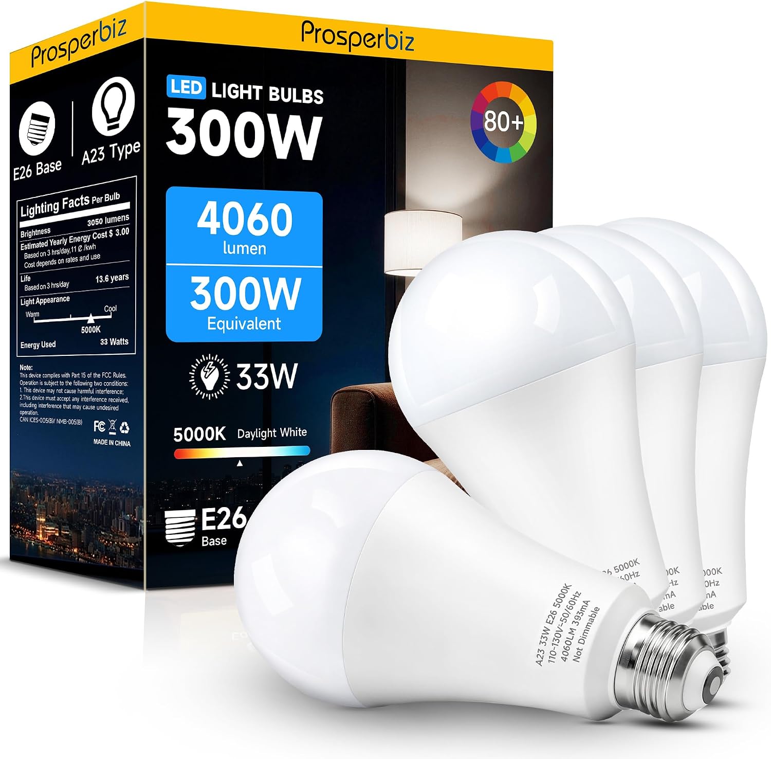 Detalle de 300W Equivalent LED Light Bulb (4-Pack) — 4060 Lumens, 5000K Daylight, E26 – A23 Size for Garage, Warehouse, Workshop