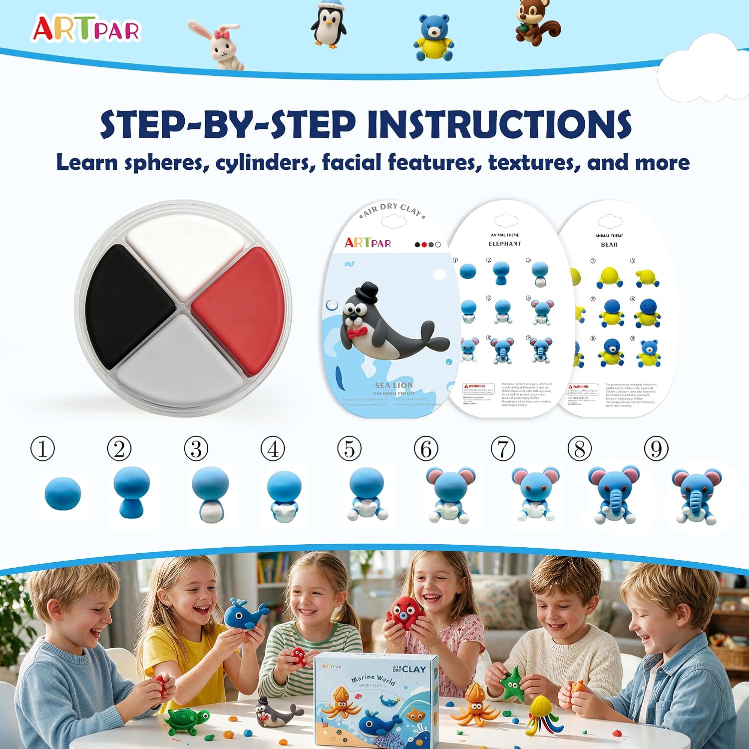 Detalle de ARTPAR Air-Dry Clay Kit for Kids: 12 Marine Animals Modeling Set with 4-Color Tins