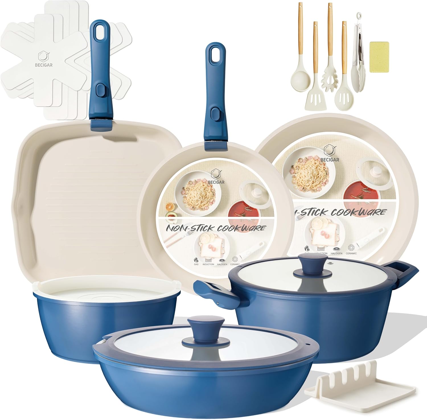 Detalle de BECIGAR 8-Piece Ceramic Nonstick Cookware Set with Detachable Handle (Induction & Oven Safe)