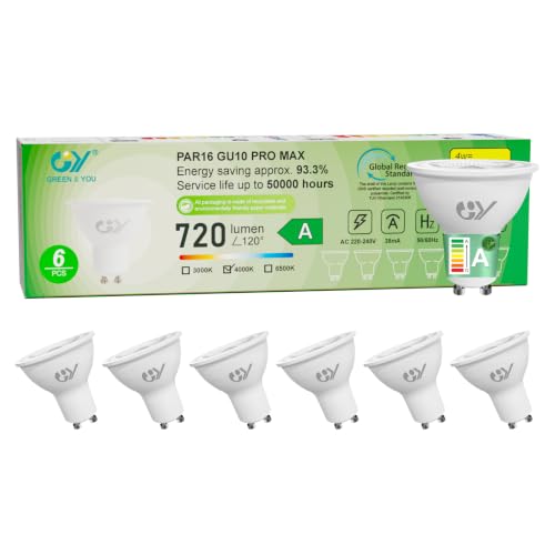 Detalle de Bombilla LED GU10 4W GY (equivalente 60W) – Luz blanca neutra 4000K, 720 lúmenes, ángulo 110°, pack de 6