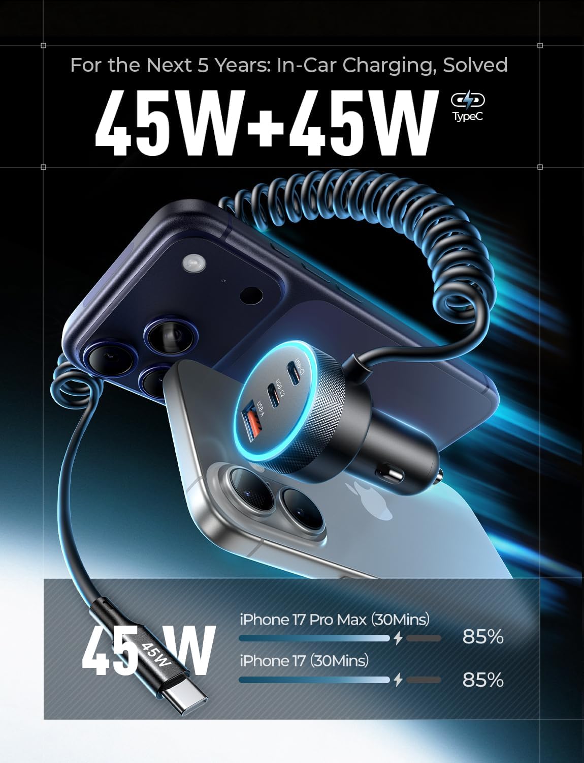 Detalle 2 de LISEN 4 in 1 USB Car Charger with 90W Fast Charge (2× USB-C 45W, USB-A 30W) and 1.3m Retractable Cable