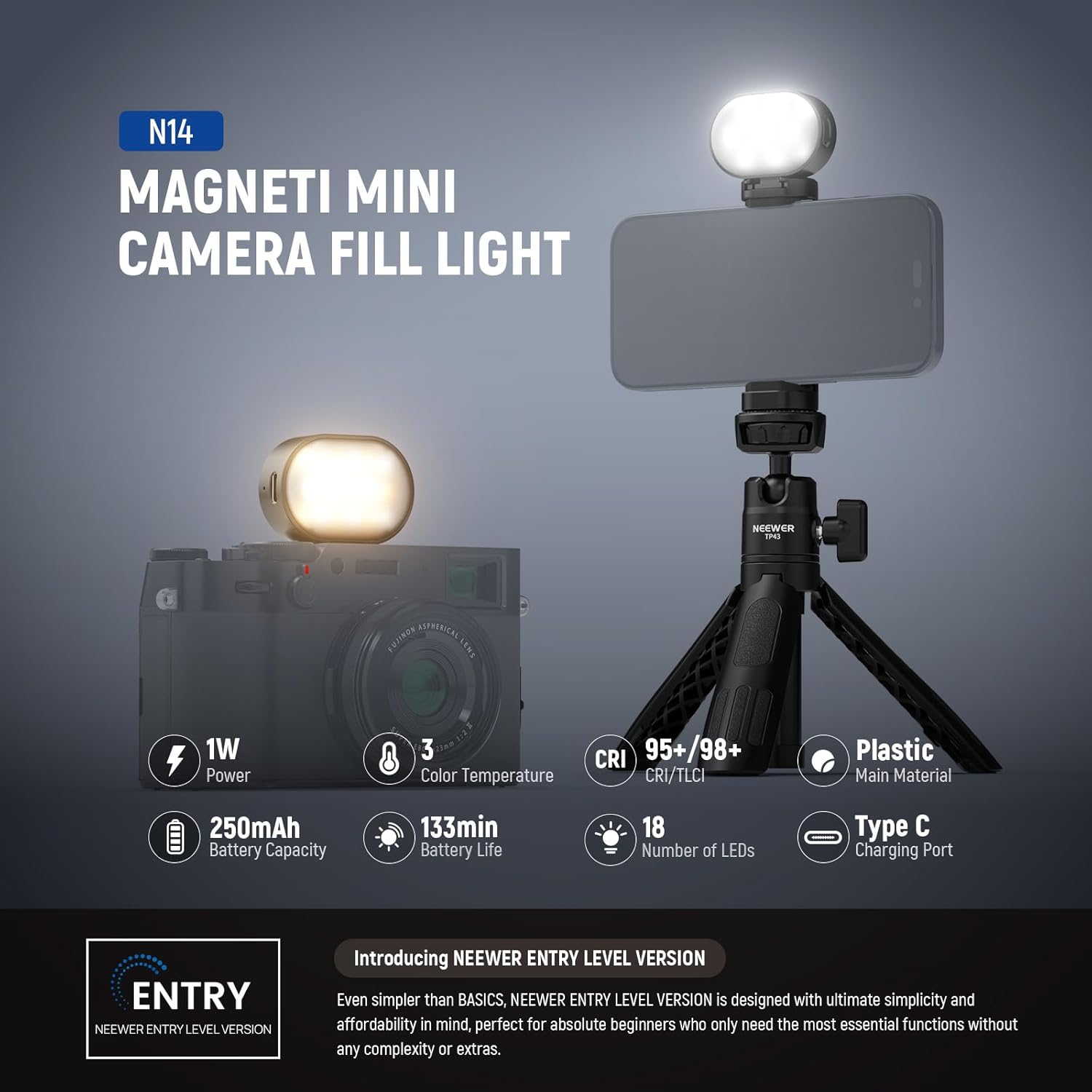 Detalle 2 de NEEWER N14 mini lampe vidéo magnétique d’appoint (1 W) pour téléphone, Action Cam et accessoires AC024