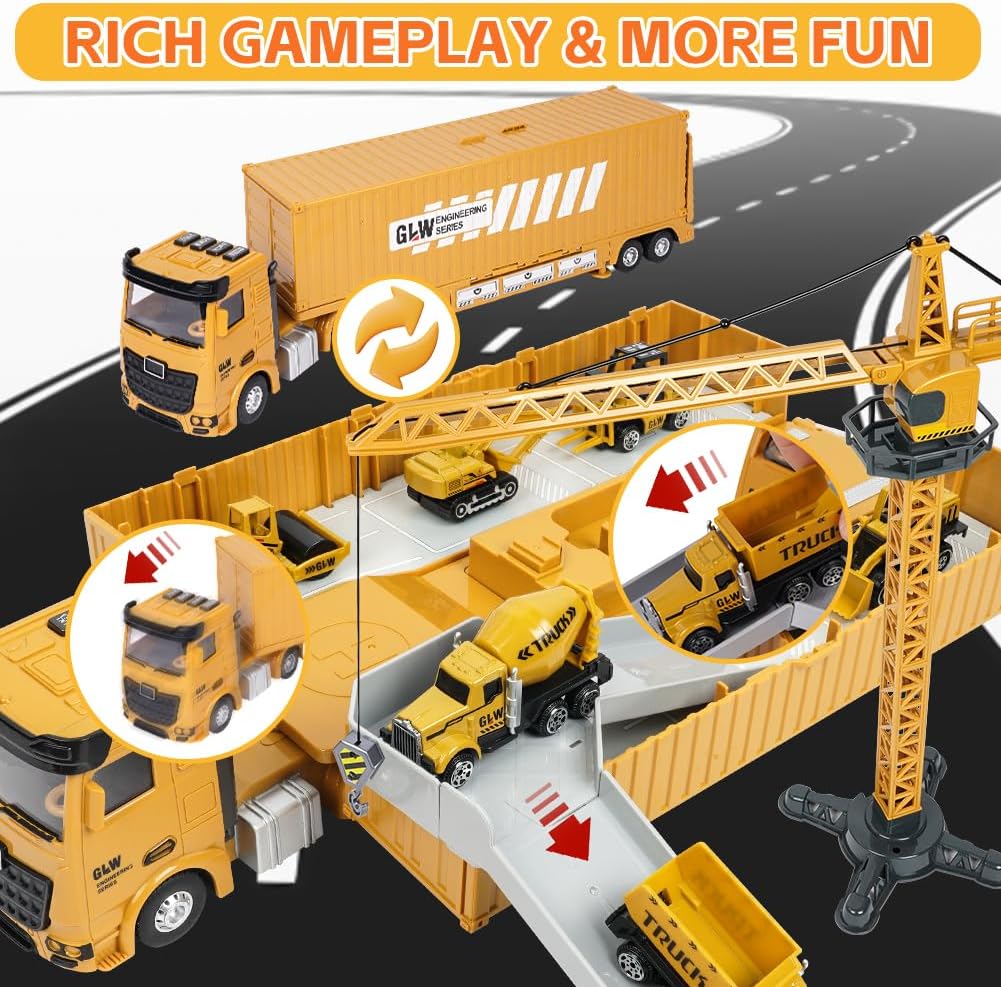 Thumbnail 4 de Aolso Bauwagen-Spielzeug-Set für Jungen 3–8 Jahre – realistischer Baustellen-LKW mit Kran, Bagger, Bulldozer und mehr