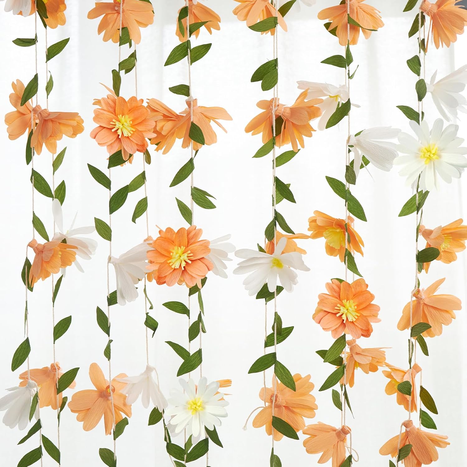 Thumbnail 4 de Easy Joy Paper Flower Garland 8.2ft - Spring Orange & White Floral Banner with Green Leaves