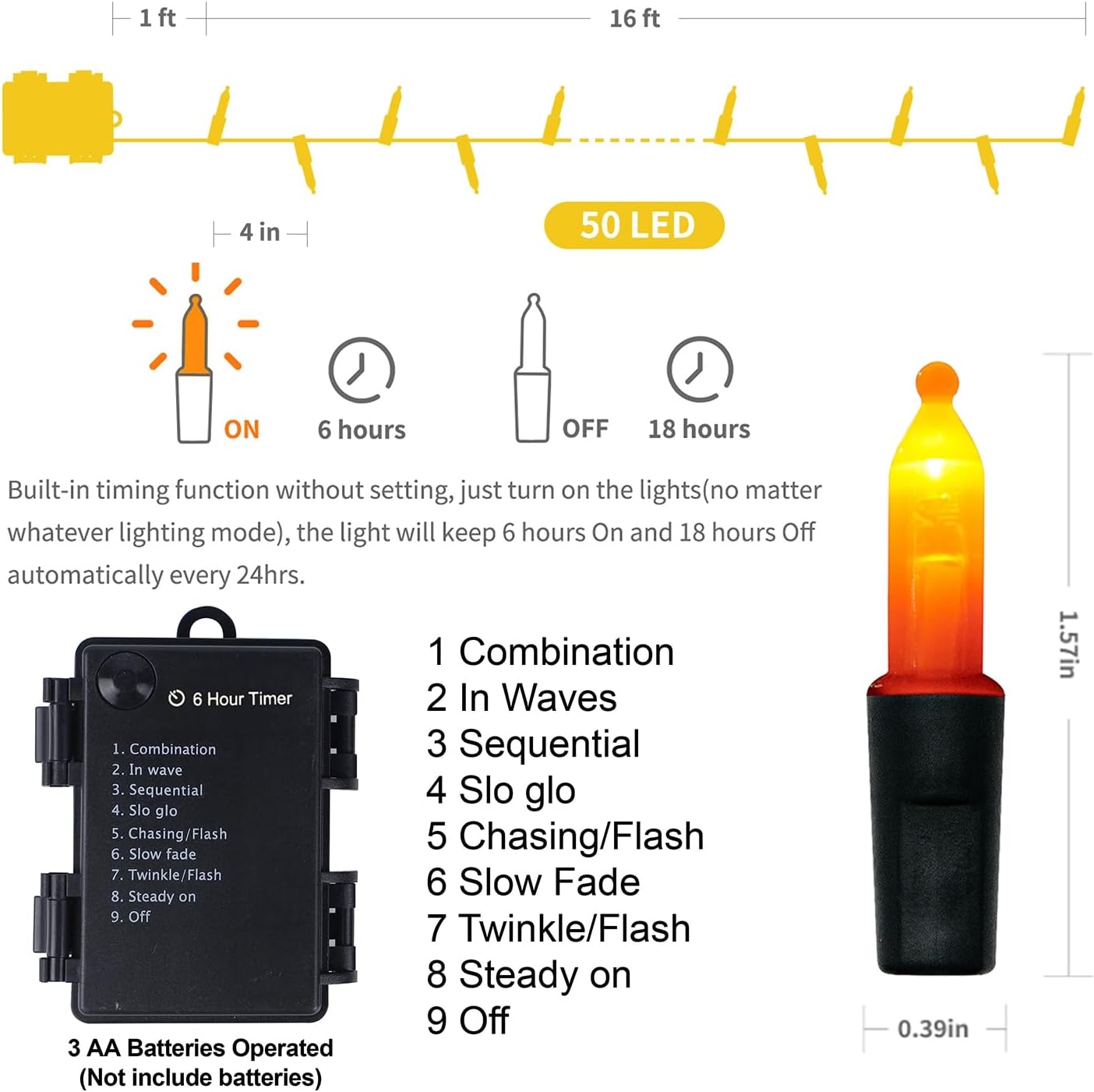 Detalle de WATERGLIDE Orange 2-Pack LED String Lights, 16-Foot, 8 Modes