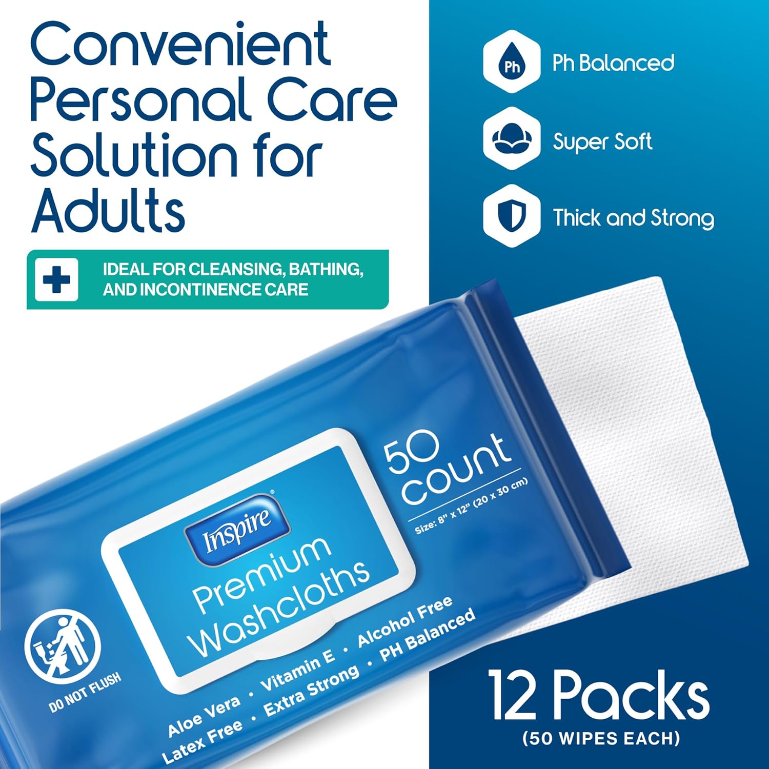 Detalle 2 de Inspire Adult Wet Wipes 8 x 12, 12-Pack