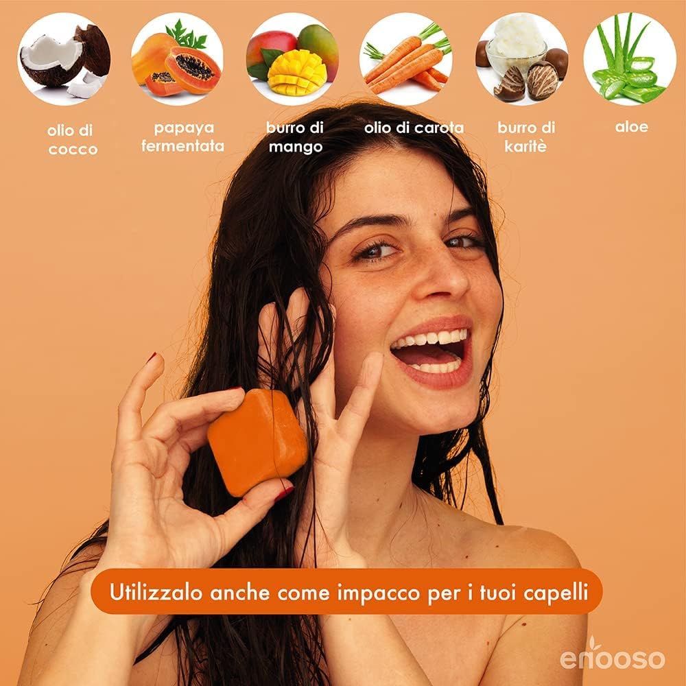 Detalle de Enooso Set Shampoo Solido e Balsamo Naturale e Ristrutturante per Capelli Danneggiati – Mango e Papaya, 120 g