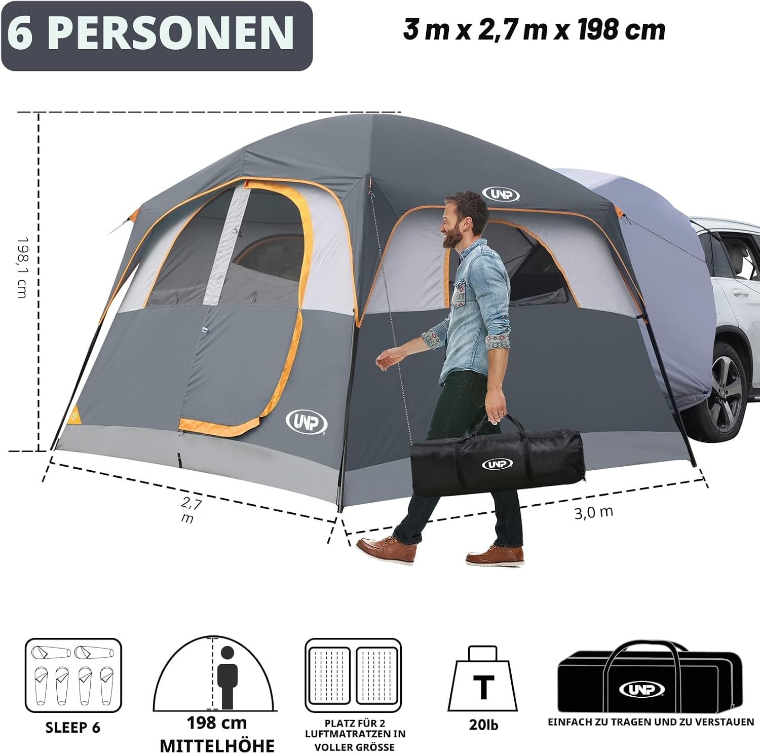 Detalle 2 de UNP Heckzelt Auto SUV Zelt für Camping 6 Personen – 2 in 1, Einfacher Aufbau, 3,4 m × 2,9 m × 198 cm