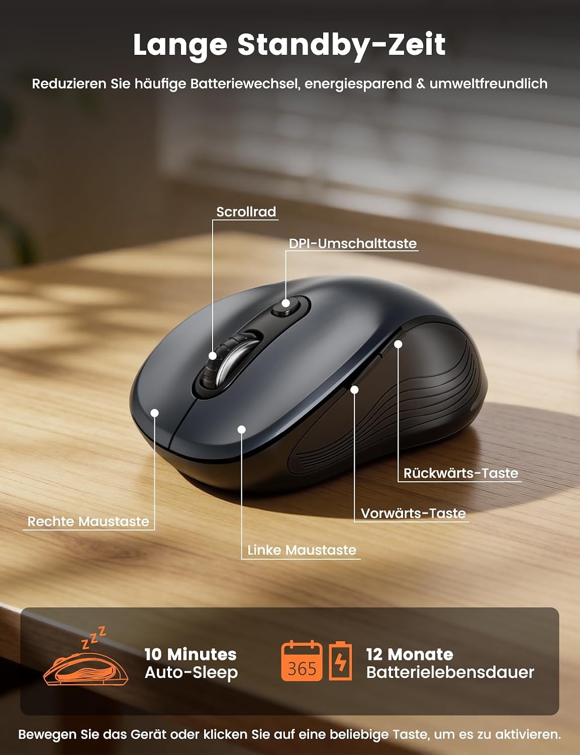Thumbnail 4 de SABLUTE Maus Kabellos M01 (2,4 GHz) – 800/1.200/1.600 DPI, 6 leise Tasten & ergonomisches Design