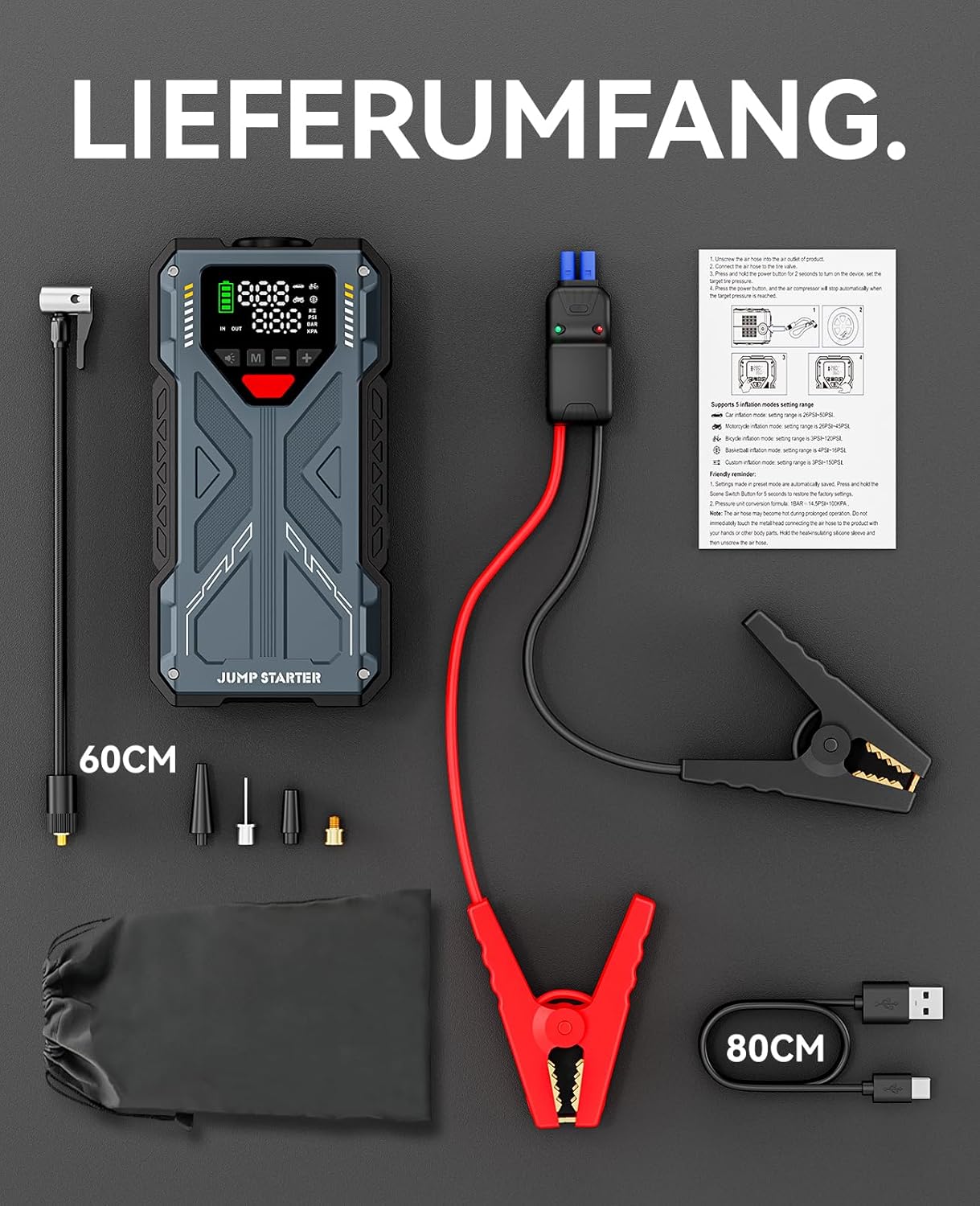 Thumbnail 6 de Upgrade Starthilfe Powerbank für PKW mit Kompressor (150 PSI) und 5000A Jumpstarter – 12V Starterhilfe & Reifenfüller