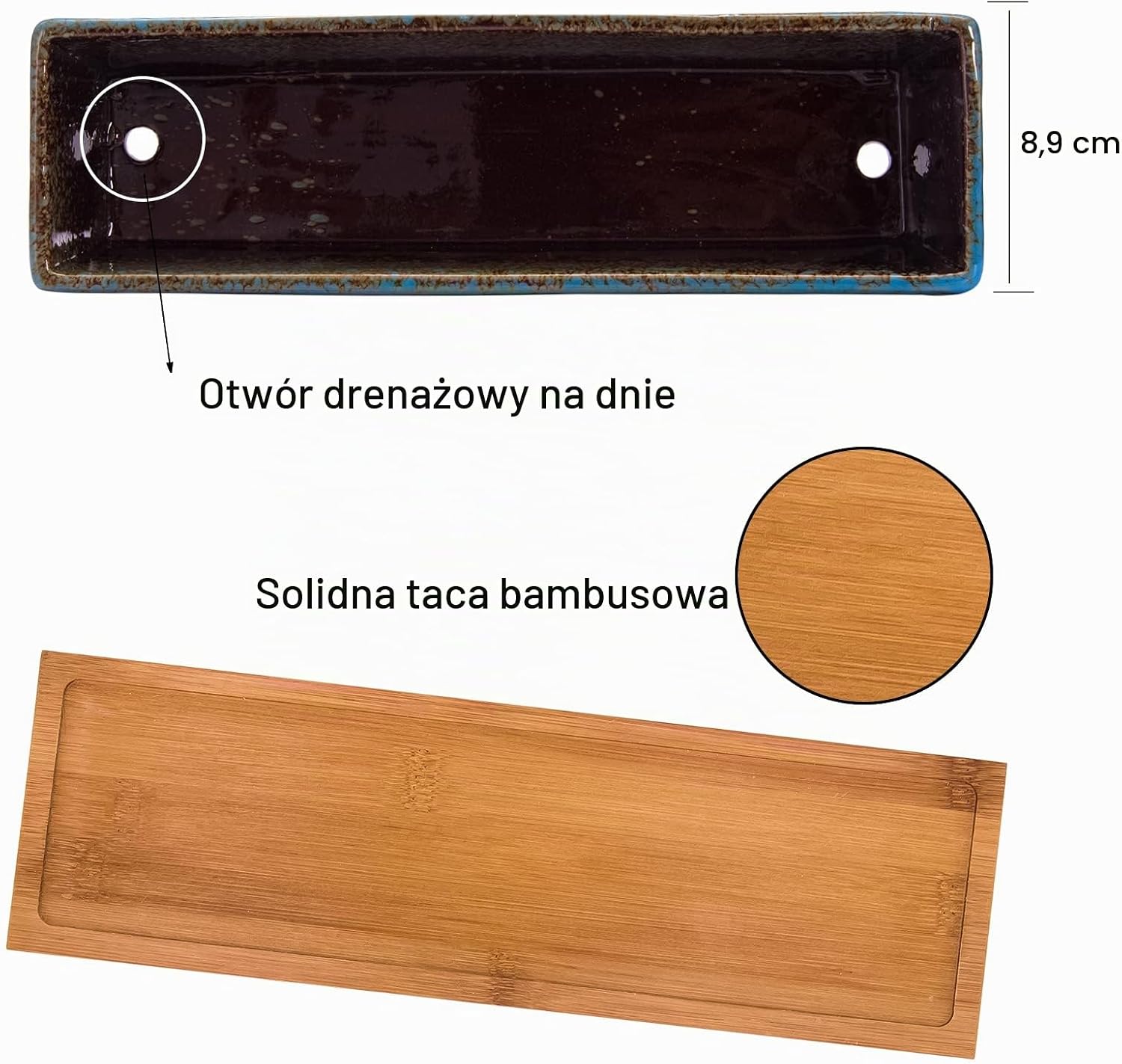 Detalle 2 de ARTKETTY doniczka ceramiczna 30 cm na sukulenty, niebieska z odpływem i tacką