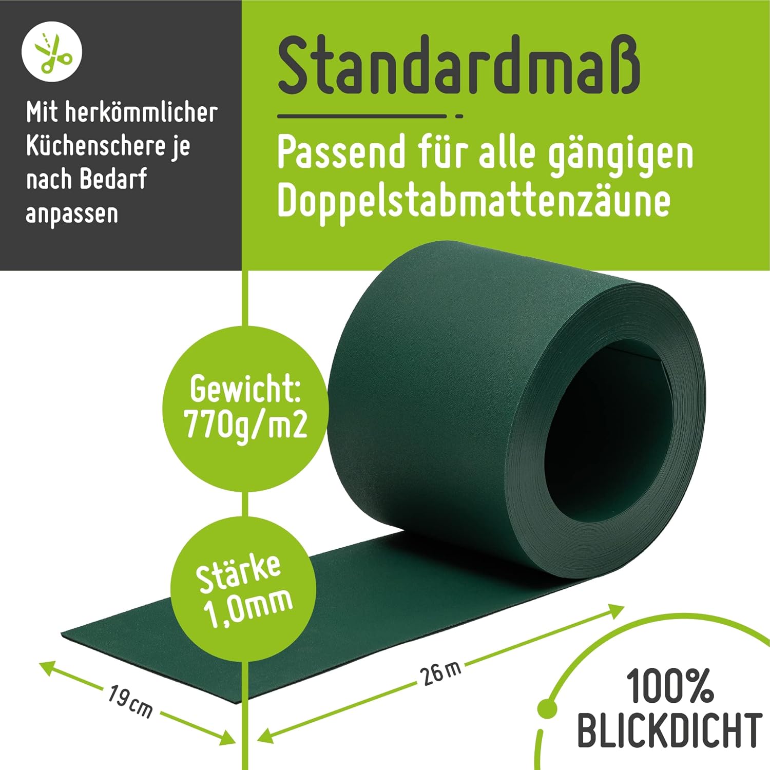 Thumbnail 1 de TerraUno Nachhaltige Sichtschutzstreifen für Doppelstabmatten – Polypropylen, RAL 6005 Grün, 26 m x 19 cm (Rolle), extra stabil