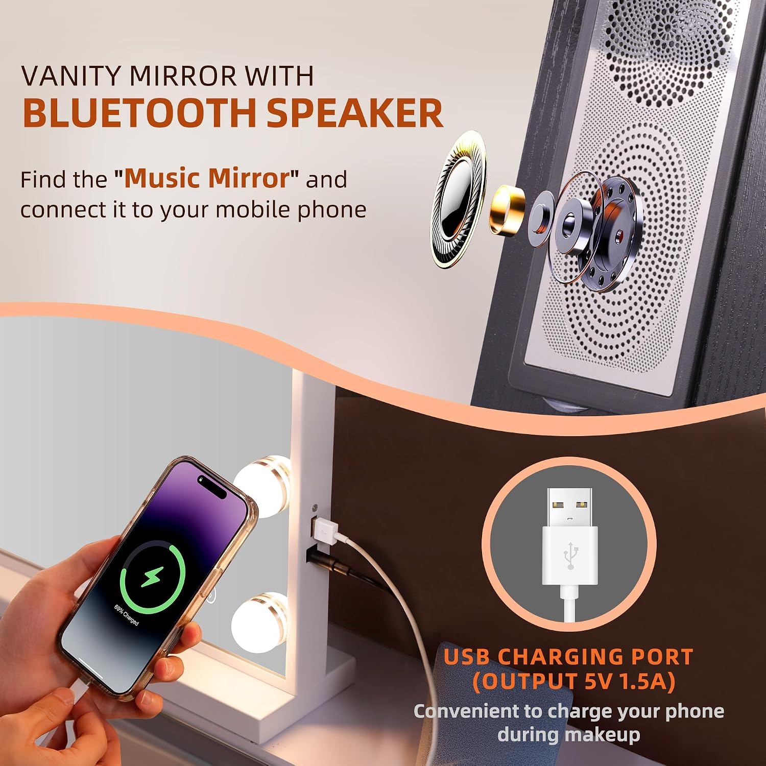 Detalle de FENCHILIN 32x23-Inch Vanity Mirror with Lights and Bluetooth Speakers