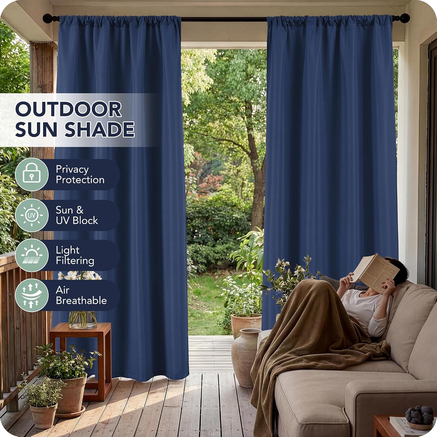 Detalle de RichSets Outdoor Curtains, 8 Panels, Waterproof Navy Polyester, 54 x 84 Inch