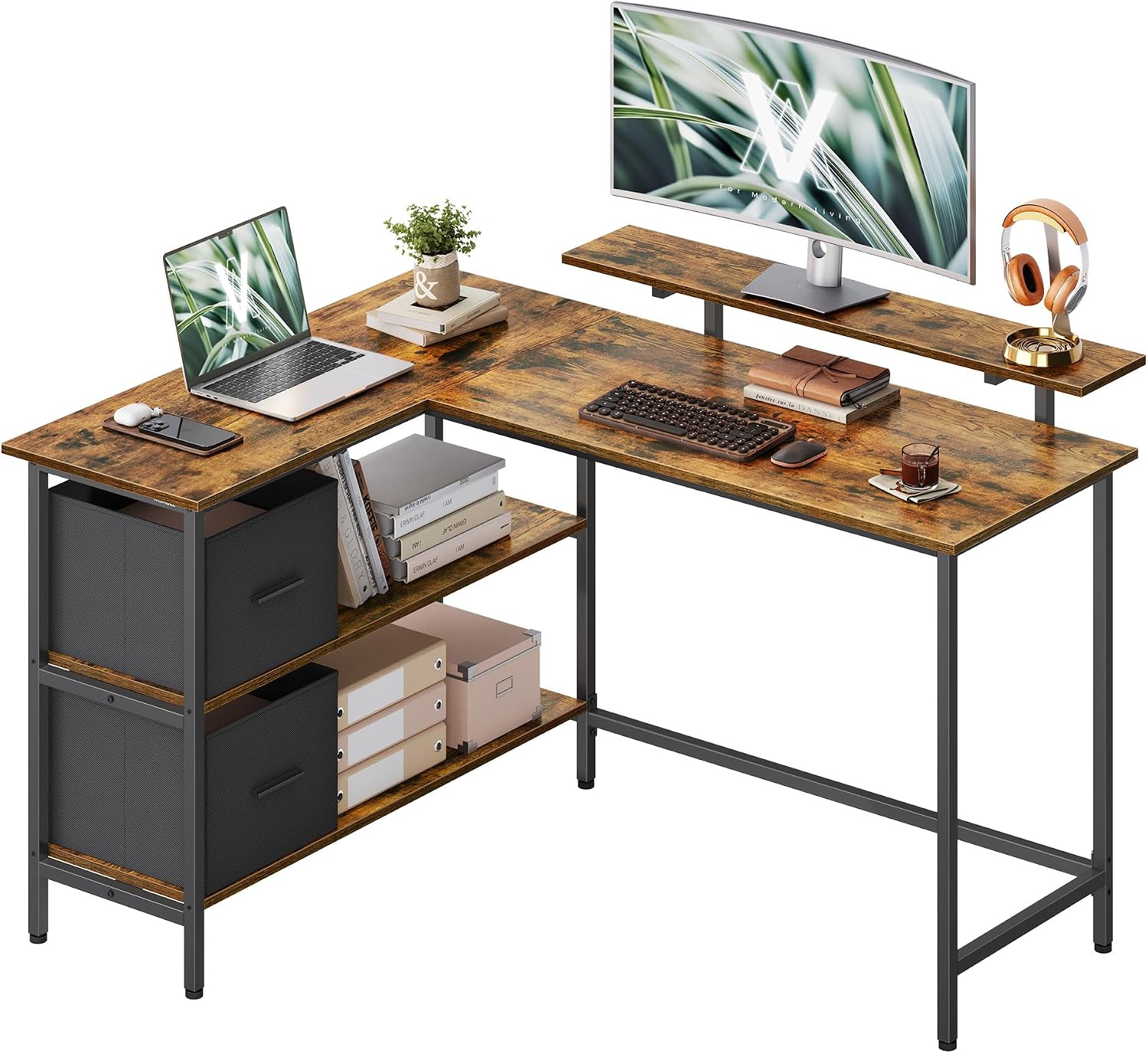 Thumbnail 6 de VASAGLE LWD093K02 computer desk with fabric drawers, monitor stand, LED lighting and built-in power outlets