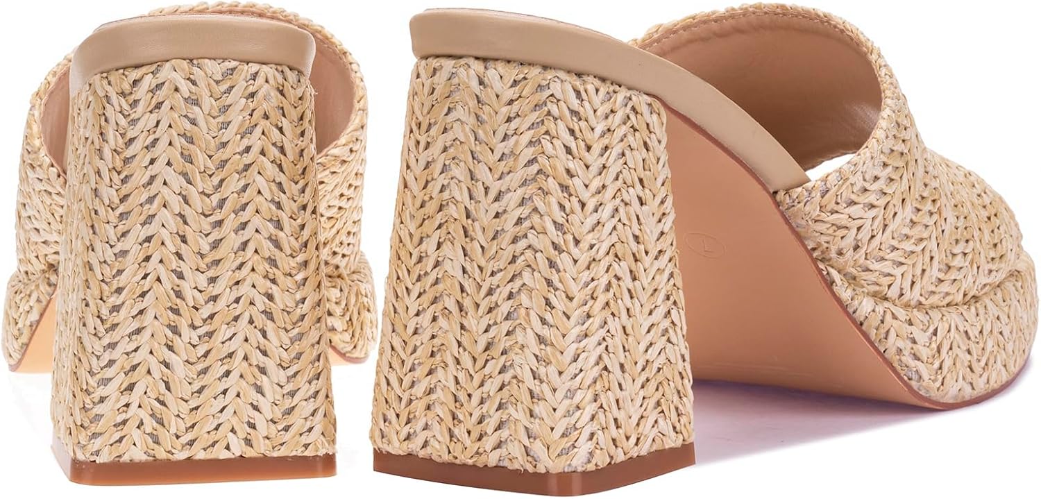 Detalle de Monrovia Raffia Heeled Sandals for Women — Platform Wedge Slip-On Open-Toe Sandals