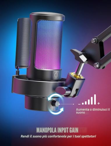 Detalle de FIFINE USB Microfono per PC Gaming PS4 PS5 – Streaming, Podcast e Chat con RGB, Controllo, Muto e Anti-Pop