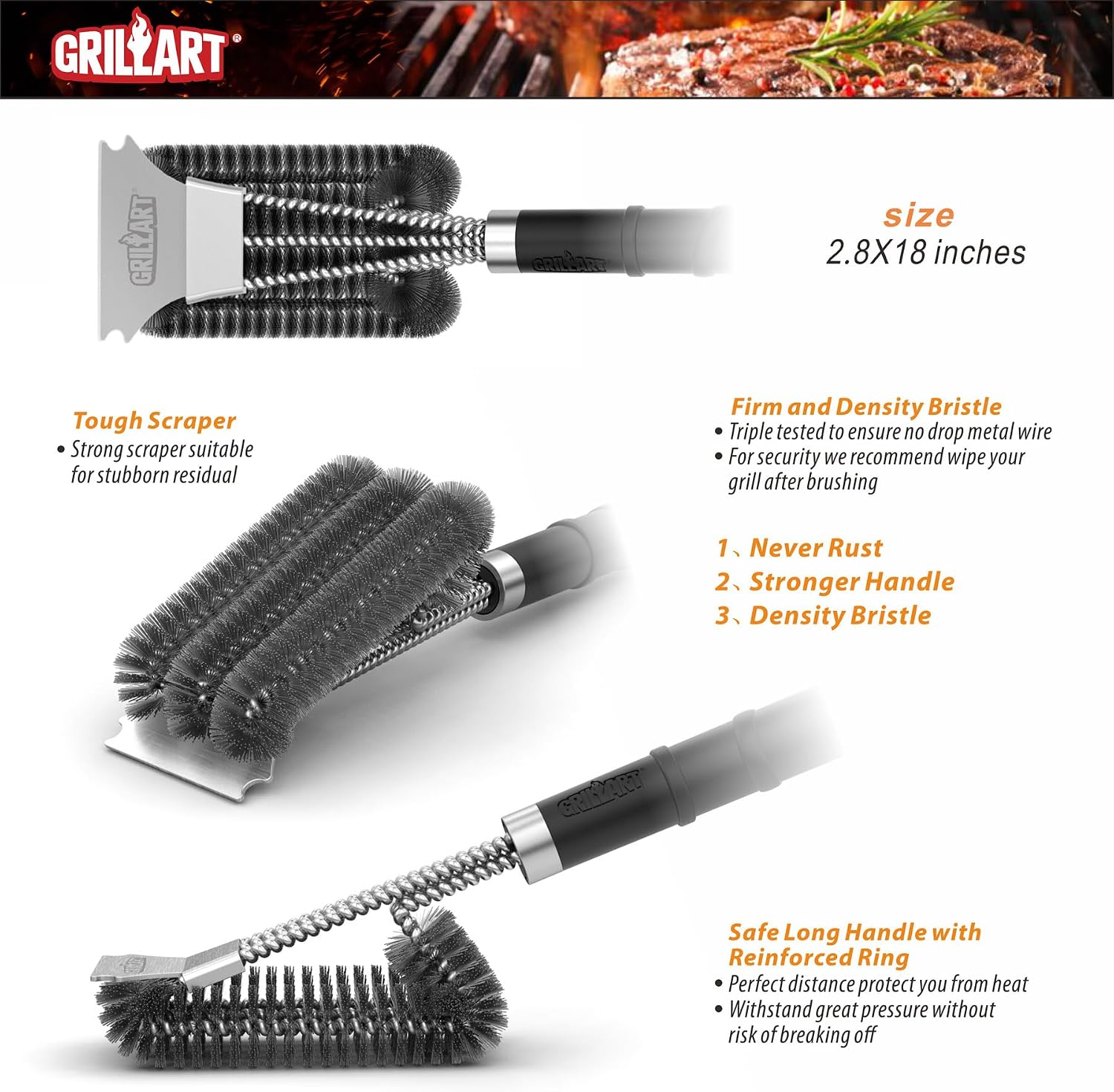 Detalle de GRILLART Grill Brush with 18-inch Handle