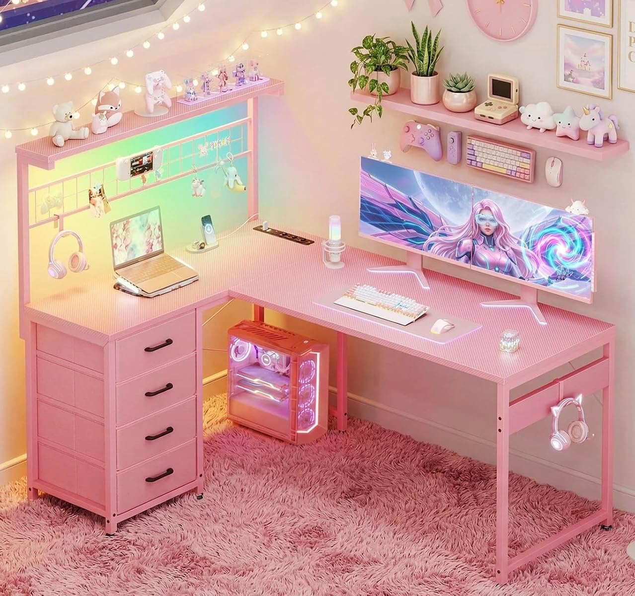 Detalle de AODK 51-inch L-Shaped Gaming Desk with Reversible Hutch, 4 Drawers & LED Lights