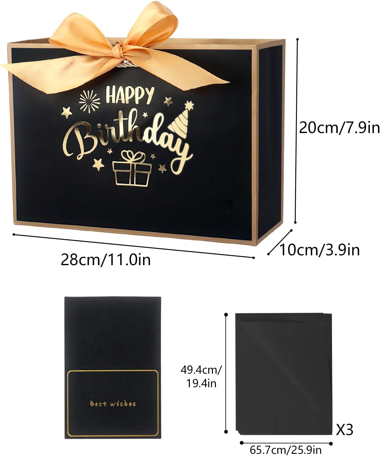 Detalle de Black and Gold Birthday Gift Bag 11.0 × 8.0 × 4.0 inches – Happy Birthday Bag with Ribbons, 3 Tissue Papers & Card