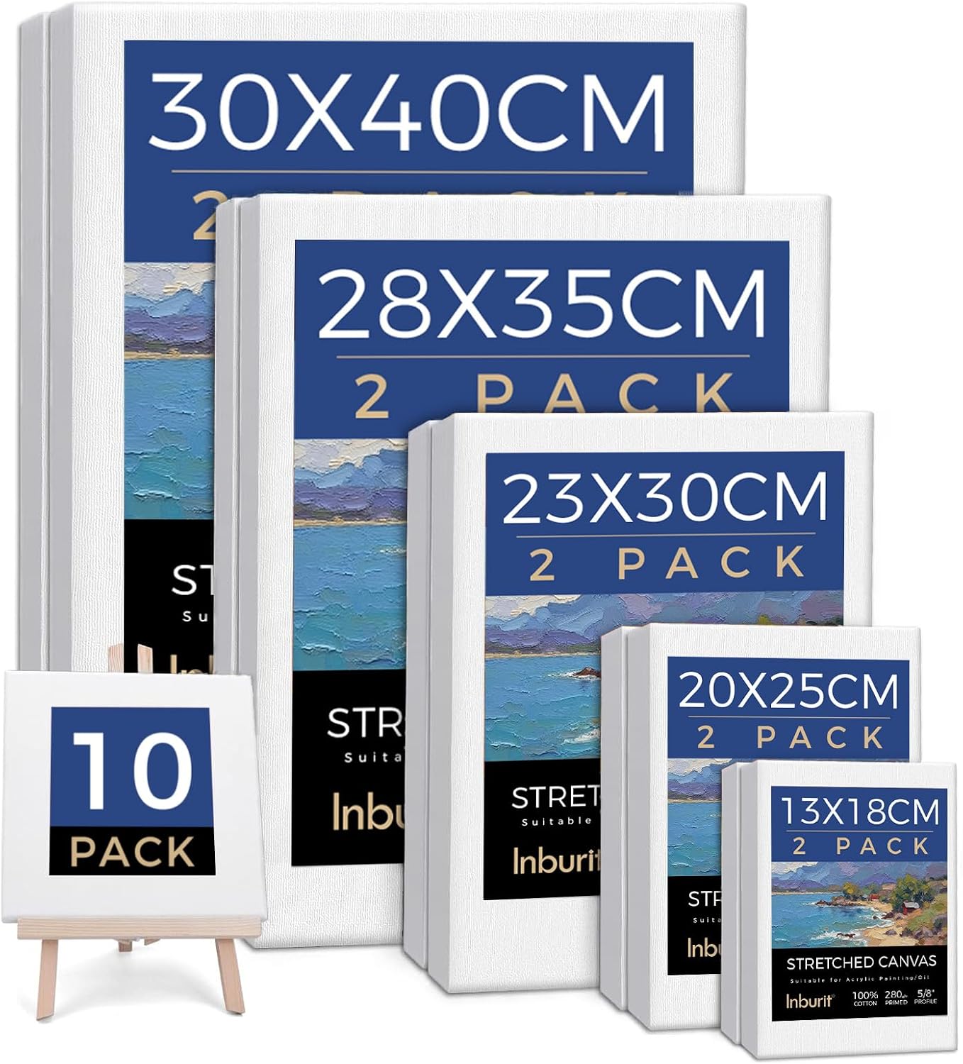 10 Pack Canvas for Painting – 30x40, 28x35, 23x30, 20x25, 13x18cm Blank Canvases (Cotton, Pre-Primed) for Oils and Acrylics