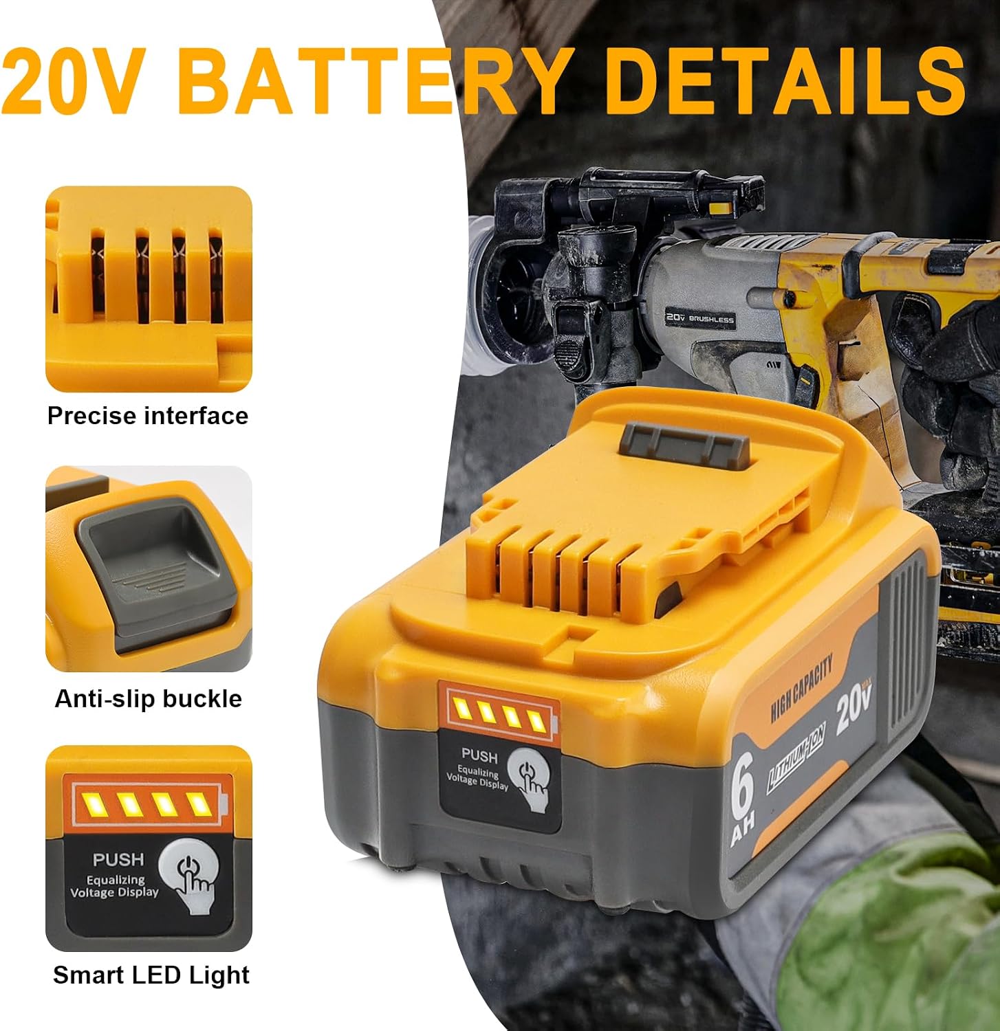 Detalle de waitley WTL200 20V 6.0Ah Replacement Battery for DeWalt Tools