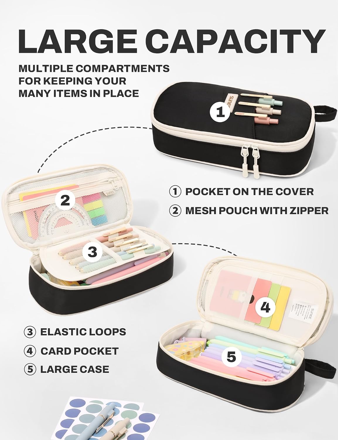 Detalle de SUNEE Large Capacity Pencil Case with Compartments and Handle (Black)