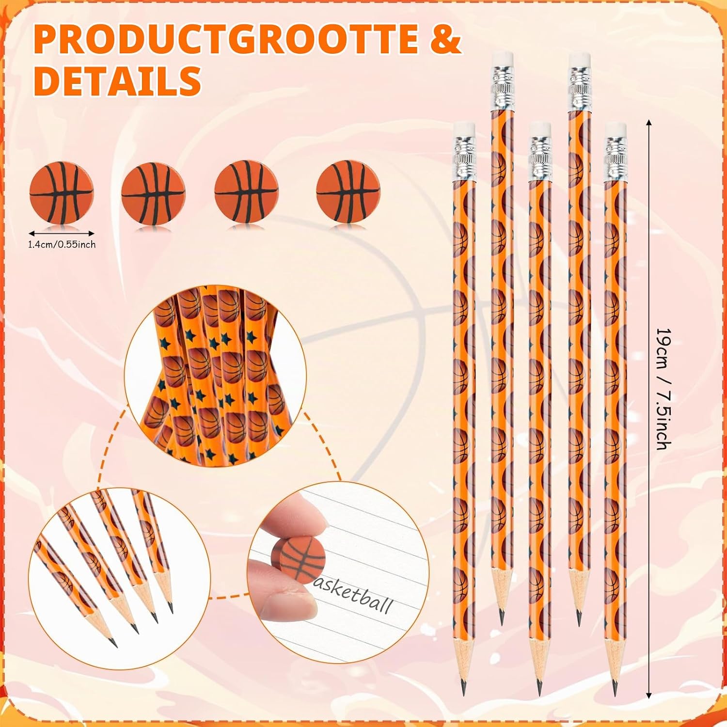 Detalle 2 de Phlognfy basketbal-cadeauset met 24 potloden en 24 gummen
