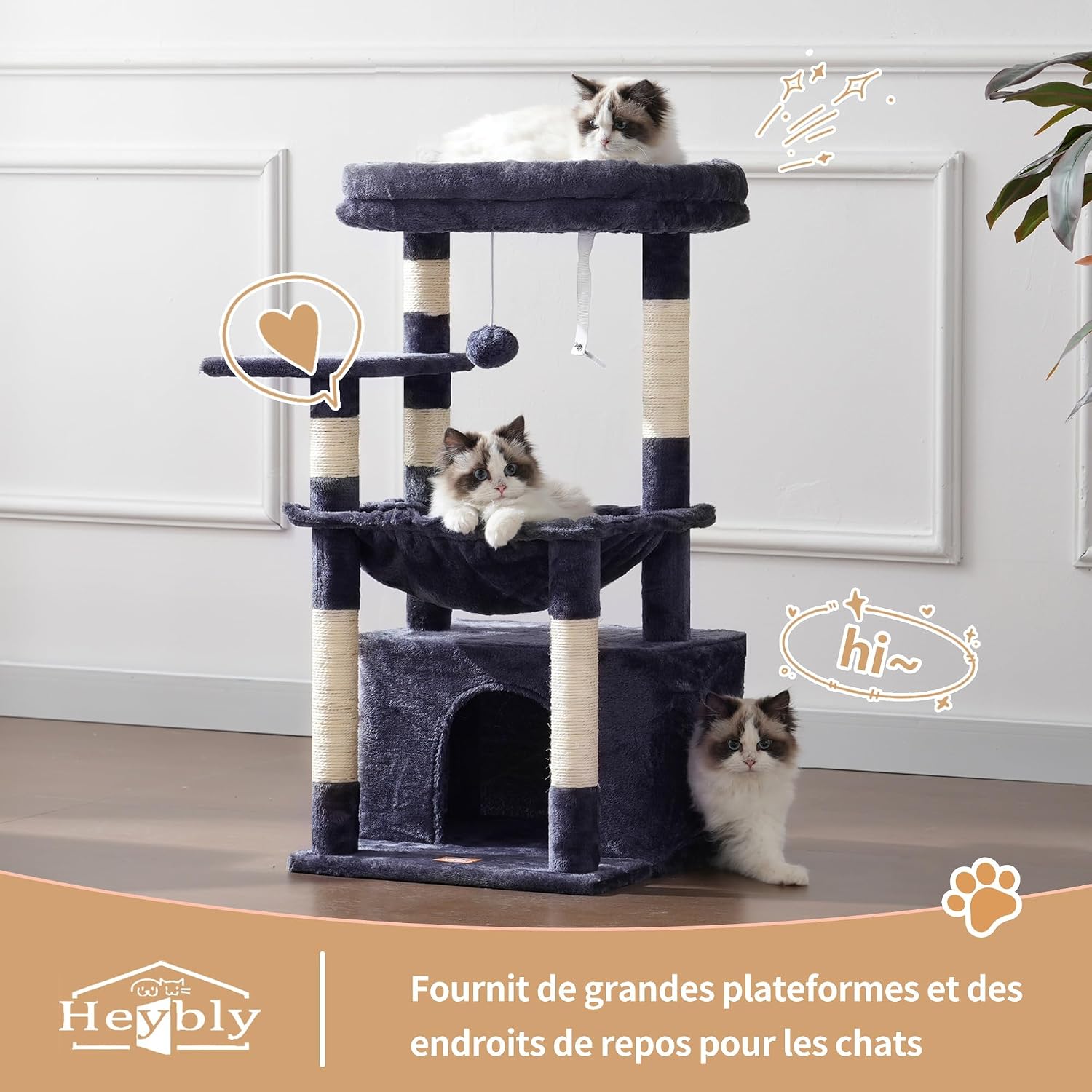 Detalle de Heybly Arbre À Chat Gris Foncé – Grand arbre à chat avec panier spacieux et lit confortable