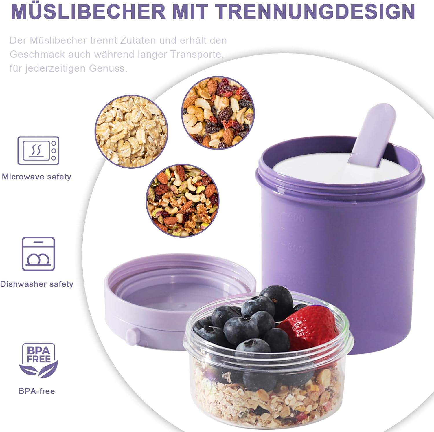 Thumbnail 4 de Swkien Müslibecher to Go: Joghurt- & Müslibecher mit Auslaufschutz, 450 ml + 250 ml (Vivid Lilac)