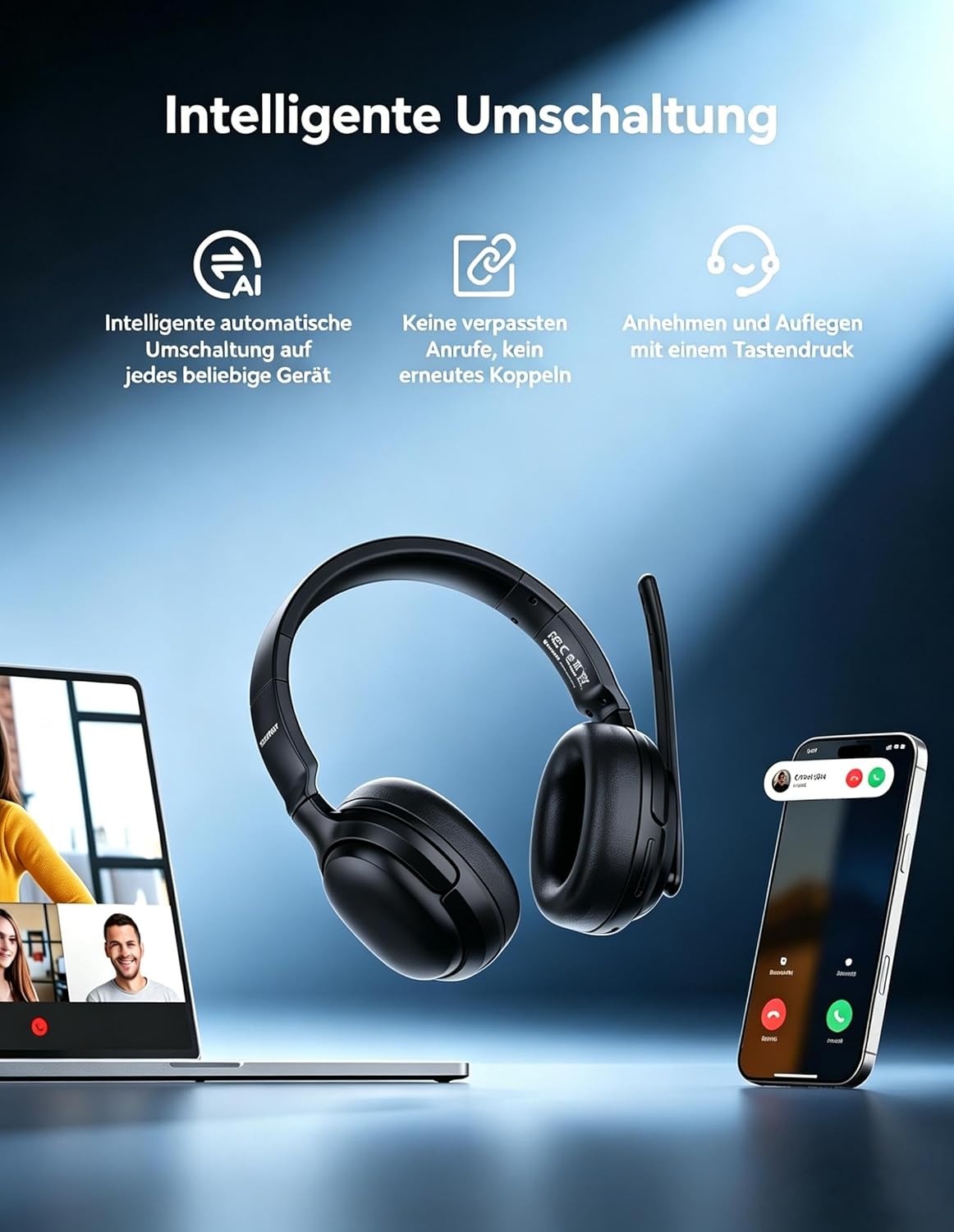 Thumbnail 3 de TECKNET Wireless Headset mit Noise Cancelling, Bluetooth 5.4 + 2,4-GHz Dual-Verbindung und Mikrofon (V5.4, Over-Ear, USB-C)