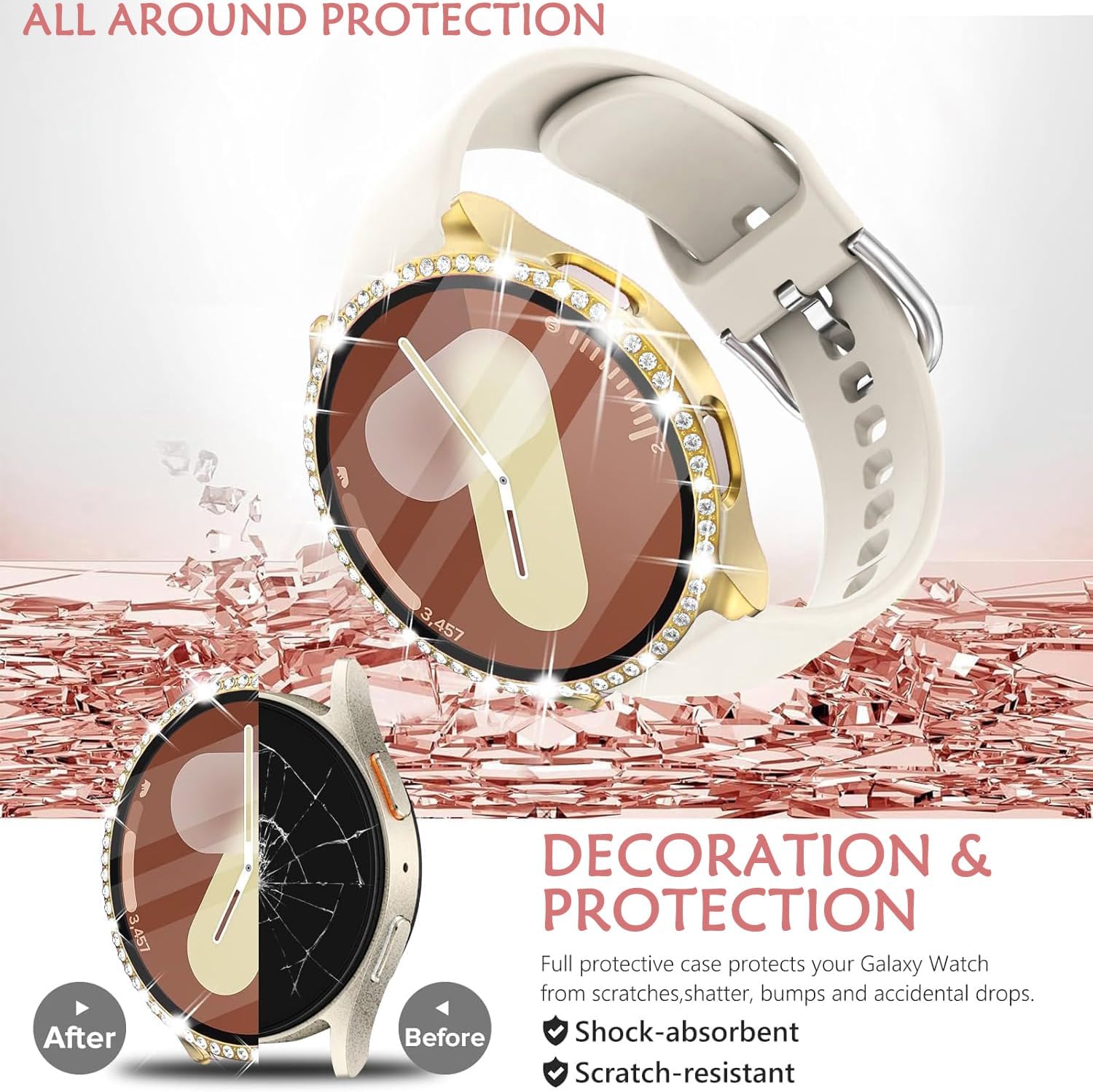 Thumbnail 2 de DEALELE 2-Pack Tempered Glass Case for Samsung Galaxy Watch 7 (44mm) – Gold + Transparent