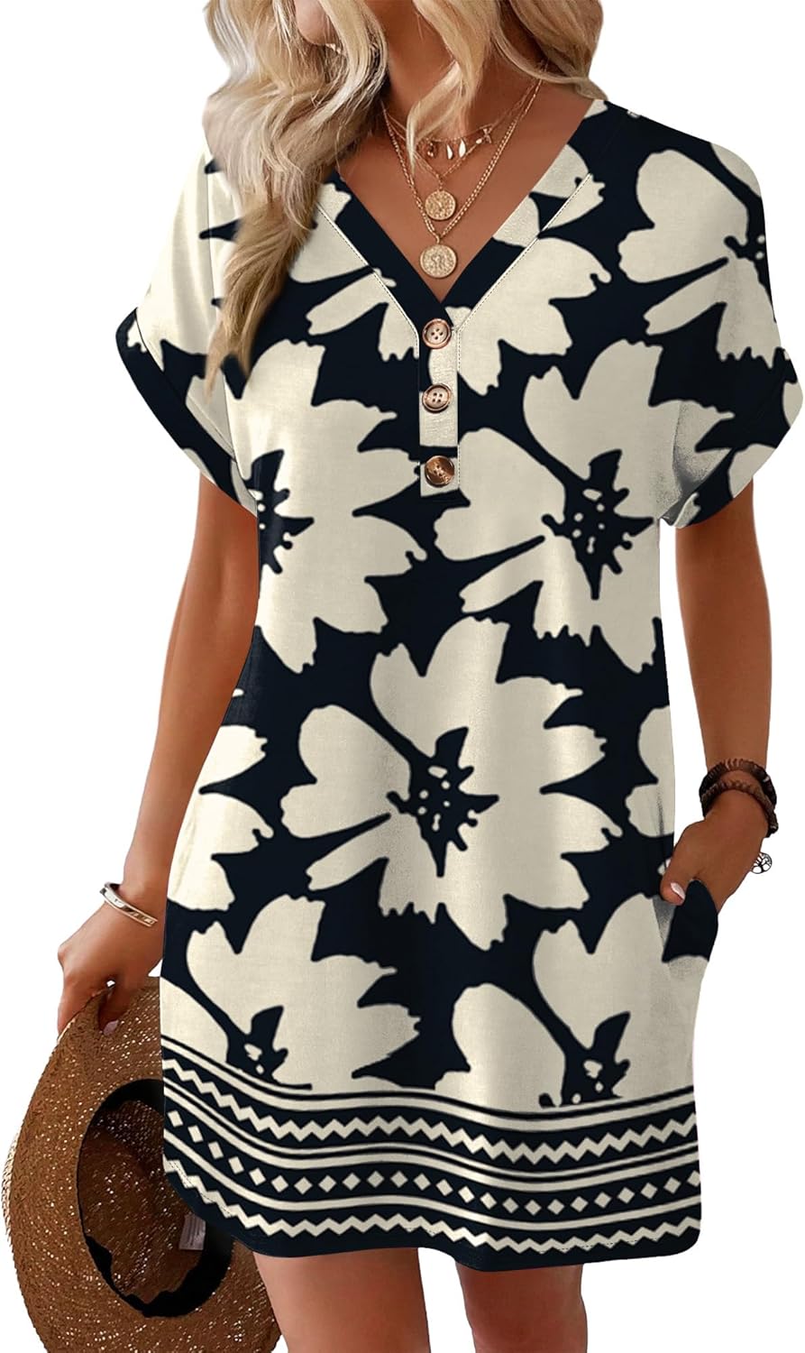 Detalle de WIHOLL Summer Dresses for Women with Sleeves — Midi Button-Down Beach Vacation Casual Dress