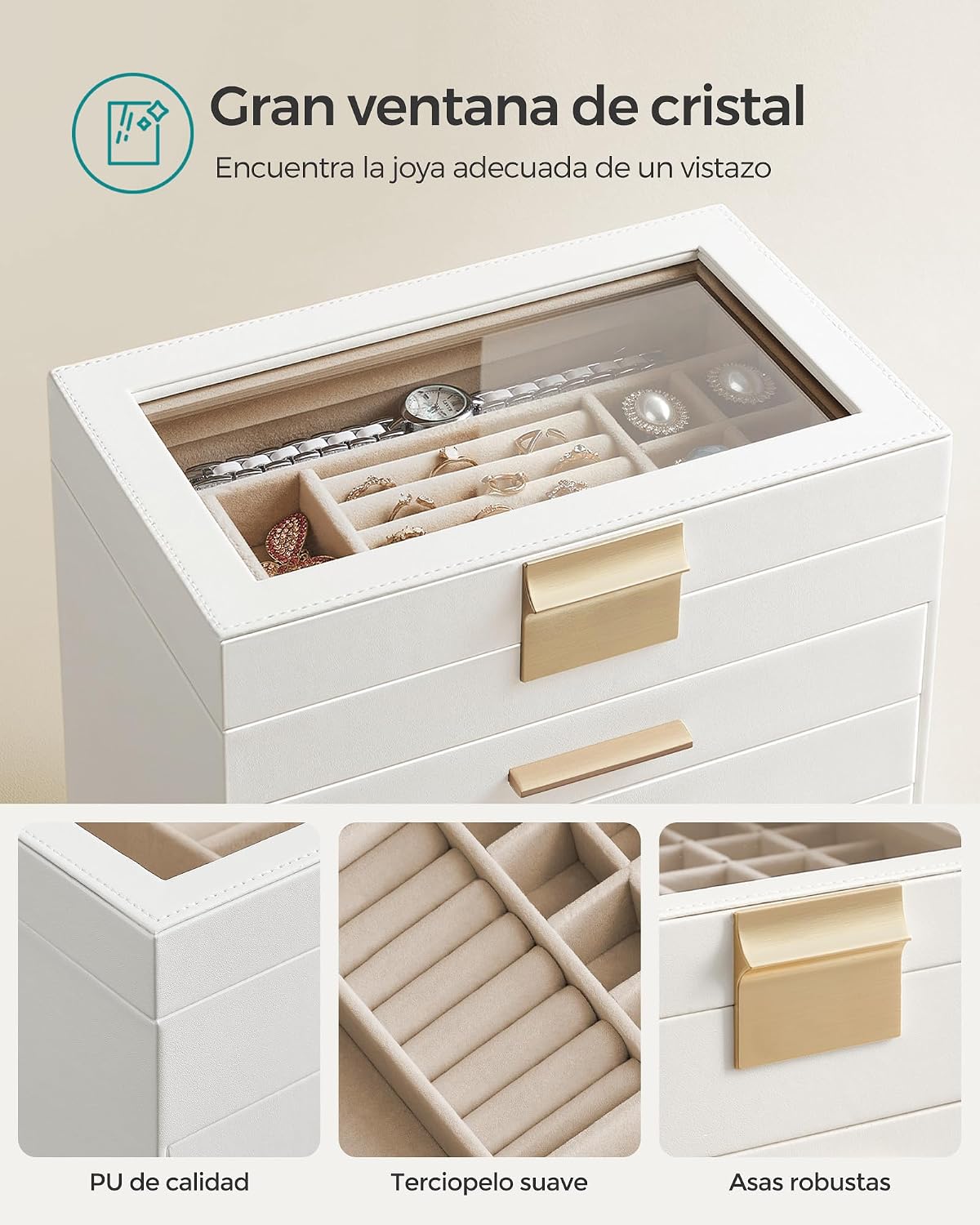 Detalle 2 de SONGMICS Colección GISELLA JBC171W01: caja joyero de 6 niveles con 5 cajones y gran capacidad