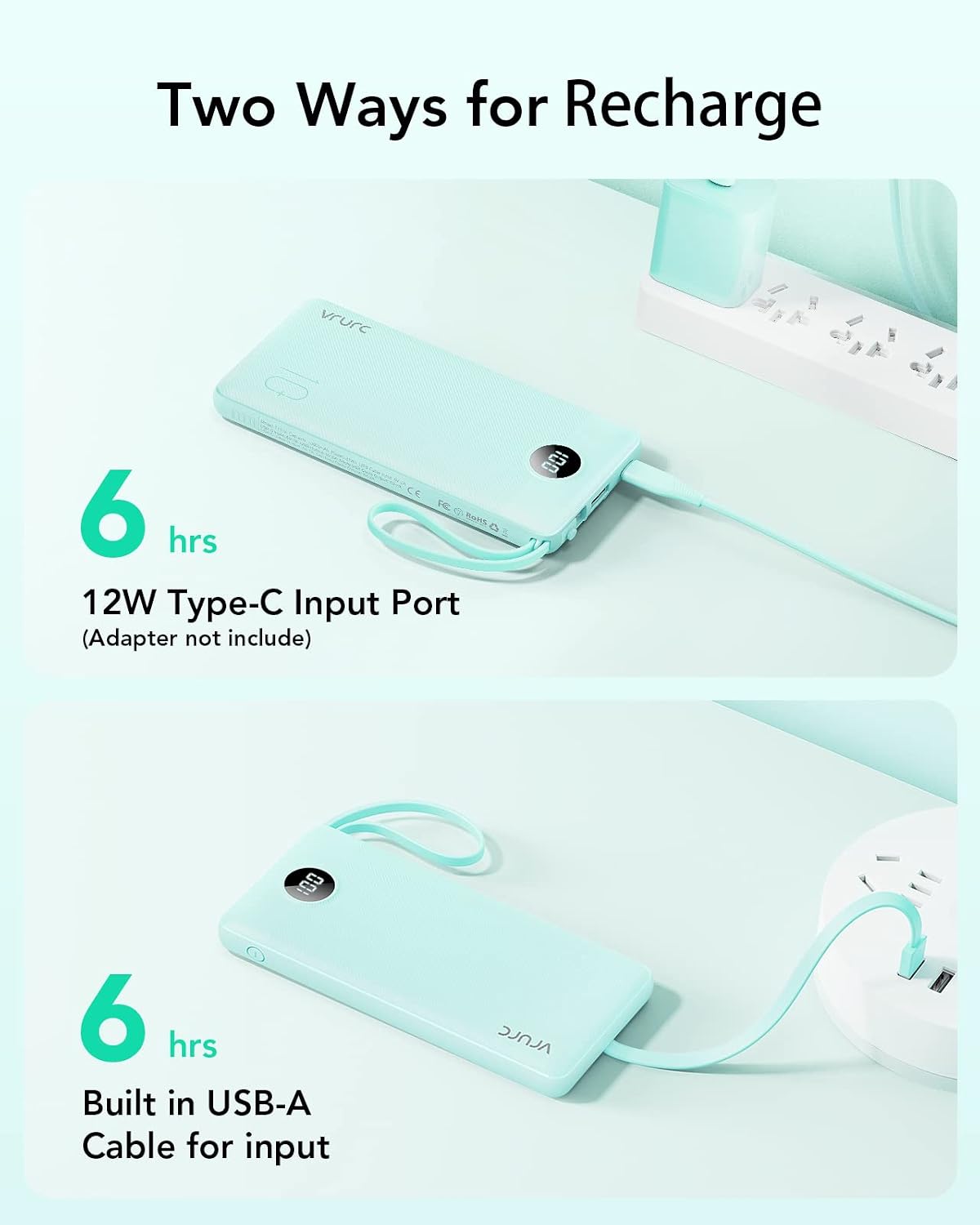 Detalle 2 de VRURC T1116 Portable Charger, 10,000mAh Power Bank with 4 Built-In Cables