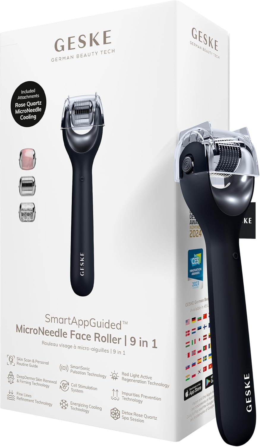 Detalle de GESKE SmartAppGuided MicroNeedle Face Roller 9 en 1 avec quartz rose